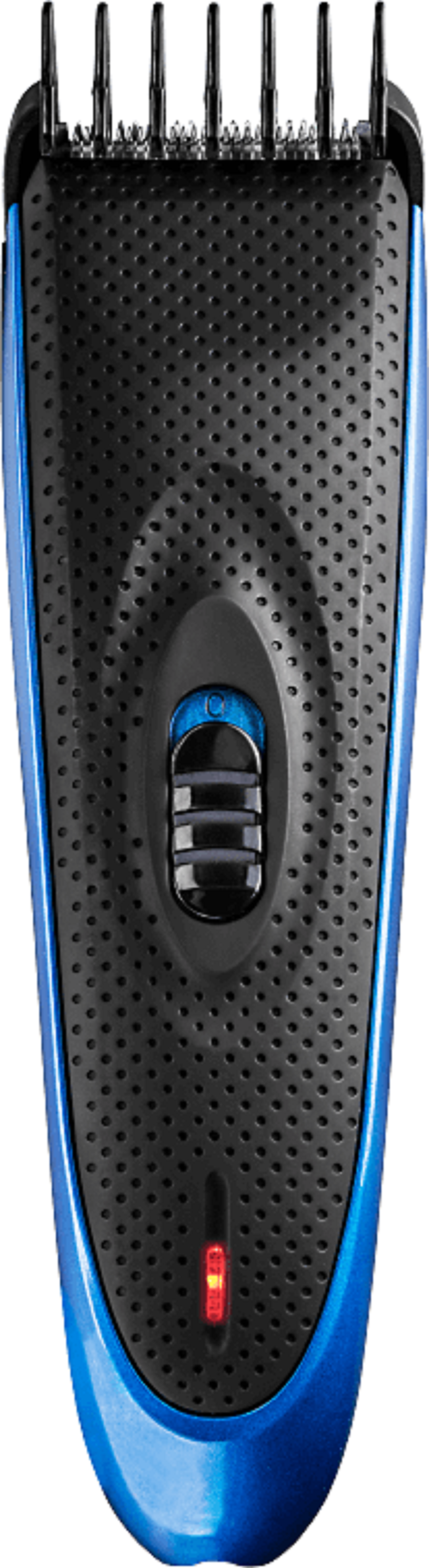 Un regolabarba elettrico blu e nero. Ha un'impugnatura nera, un corpo blu e lame in alto.