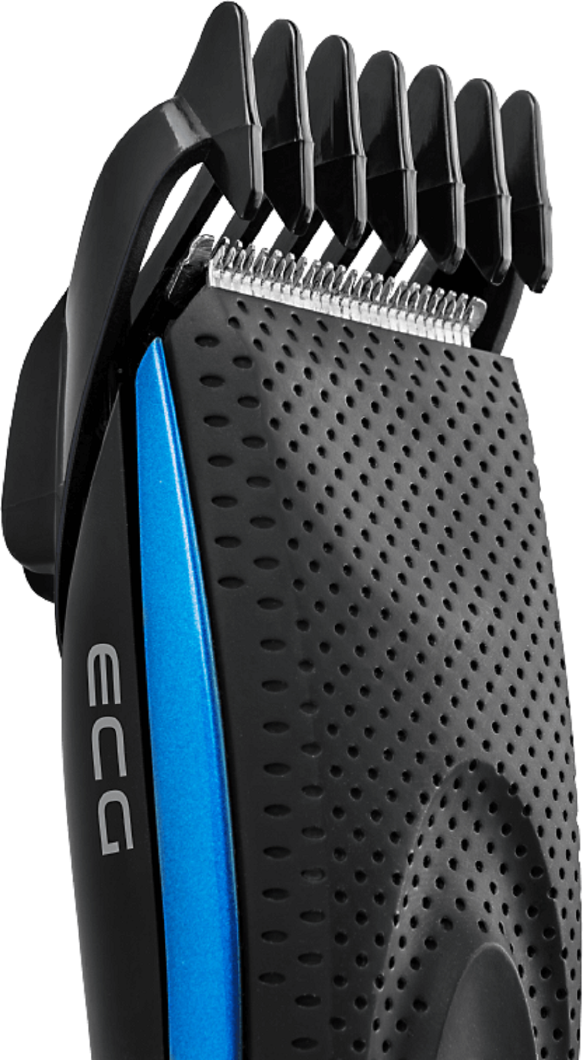 Tagliacapelli elettrico nero e blu con accessorio a pettine. Primo piano su sfondo bianco.