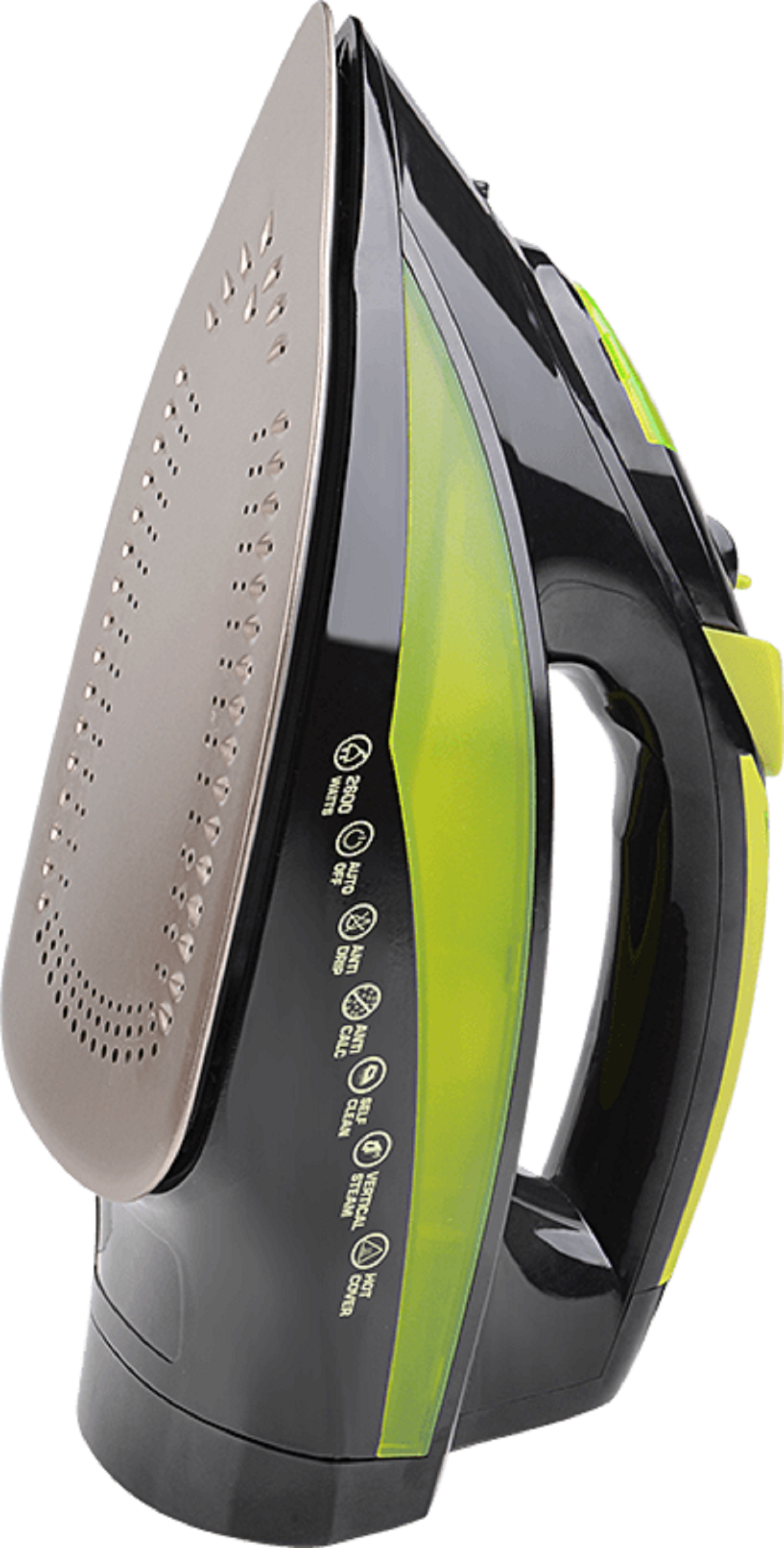 Zbliżenie czarnego i zielonego żelazka, pokazujące szczegóły płyty grzewczej i panelu sterowania.