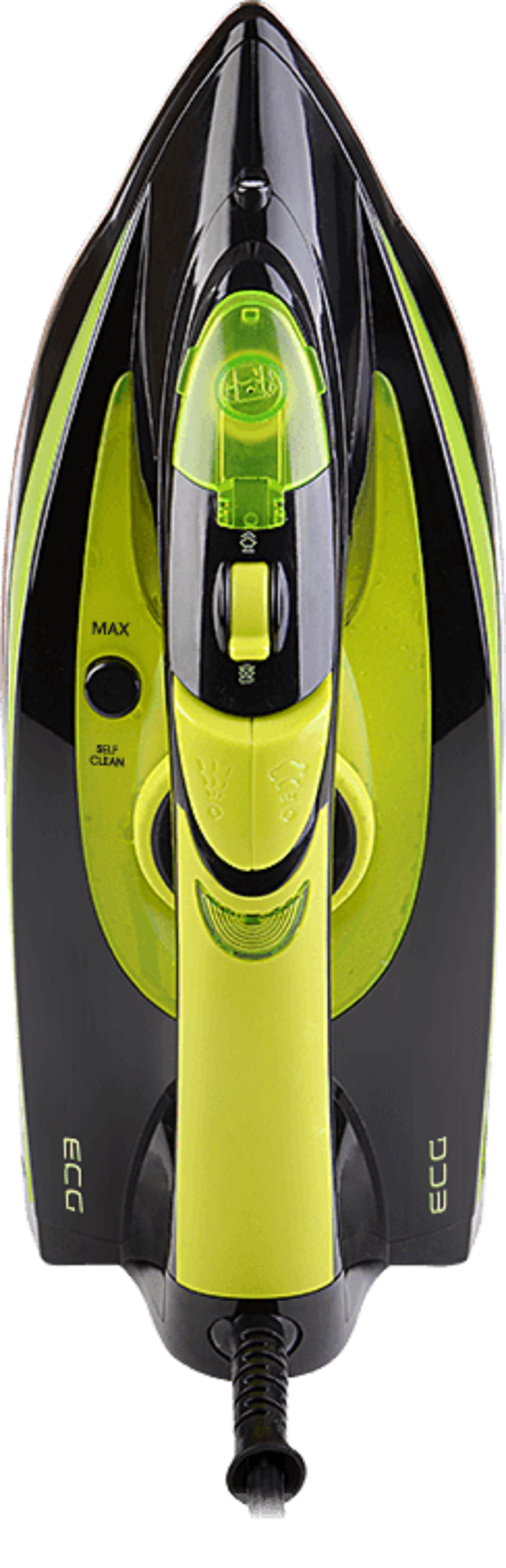 Czarne i zielone żelazko, widok z góry. Ma zielony zbiornik na wodę i uchwyt.