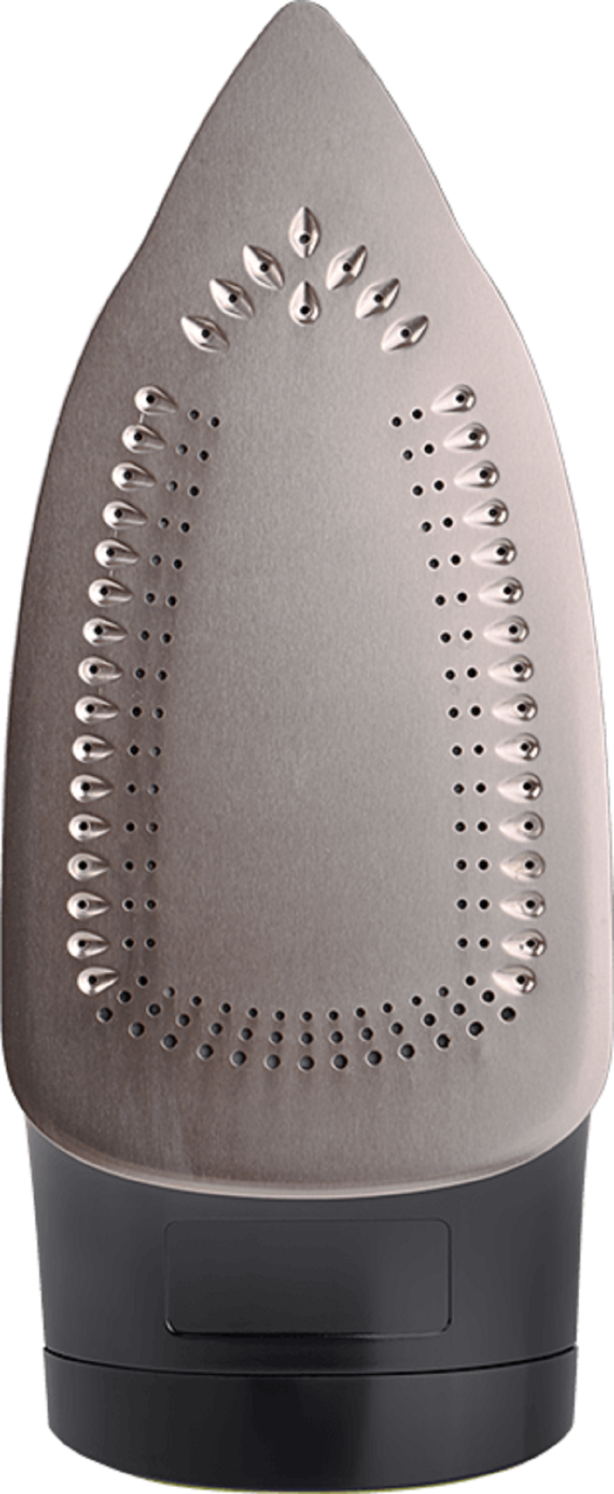 Zbliżenie na płytę grzejną srebrnego żelazka z otworami i czarną podstawą.