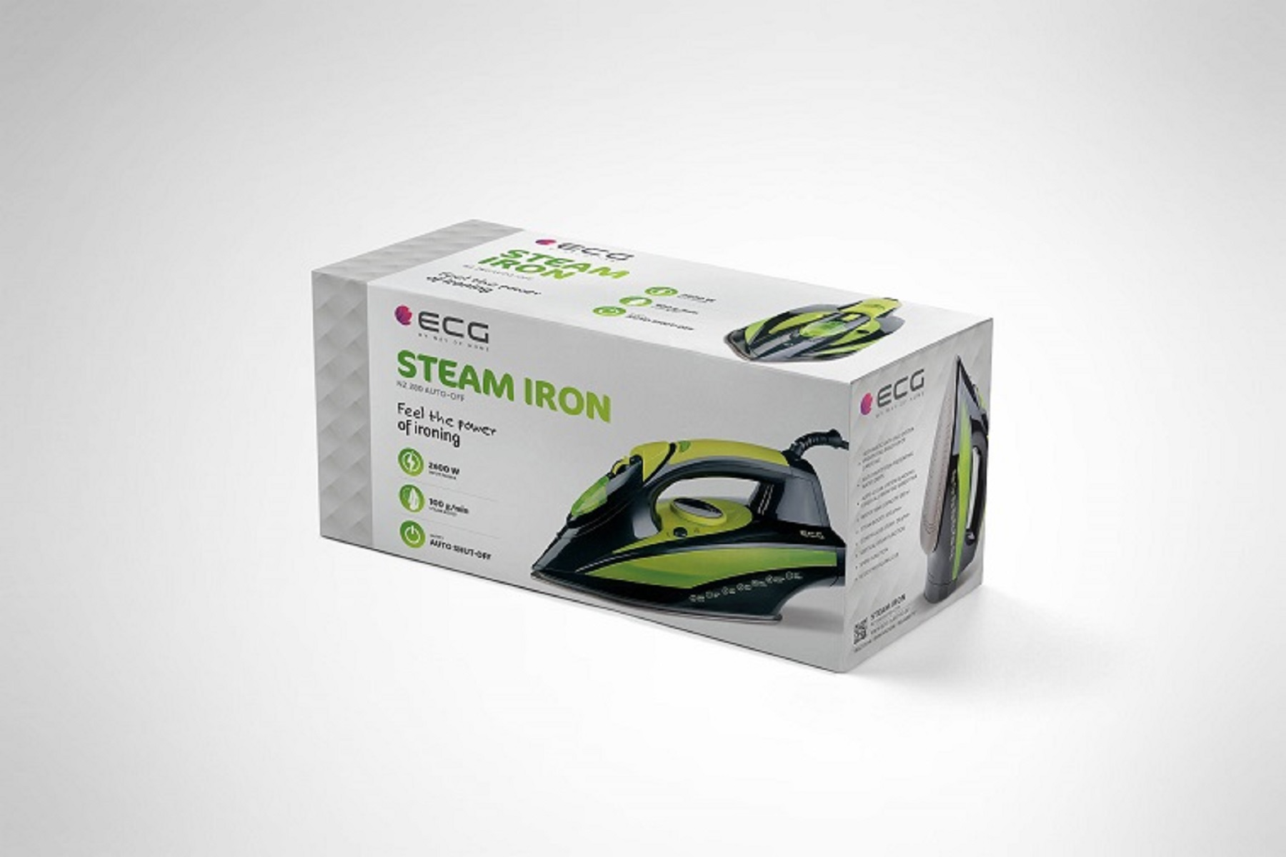 Pudełko żelazka parowego ECG z obrazem żelazka, zielonymi akcentami i szczegółami produktu.
