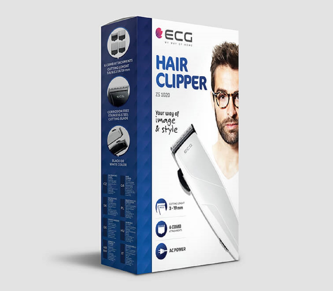 ECG Haarschneidemaschinen-Box mit einem Männergesicht und Produktdetails, einschließlich eines weißen Clippers.