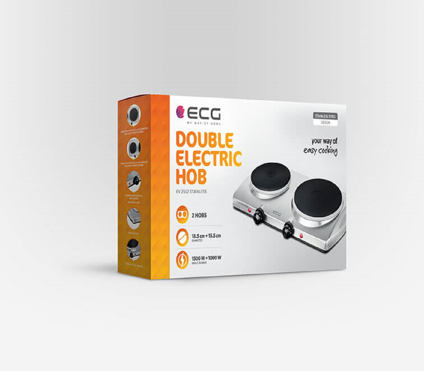 Verpackung für eine Doppelkochplatte. Zeigt ein Kochfeld-Bild und Text: Doppel-Elektrokochfeld.