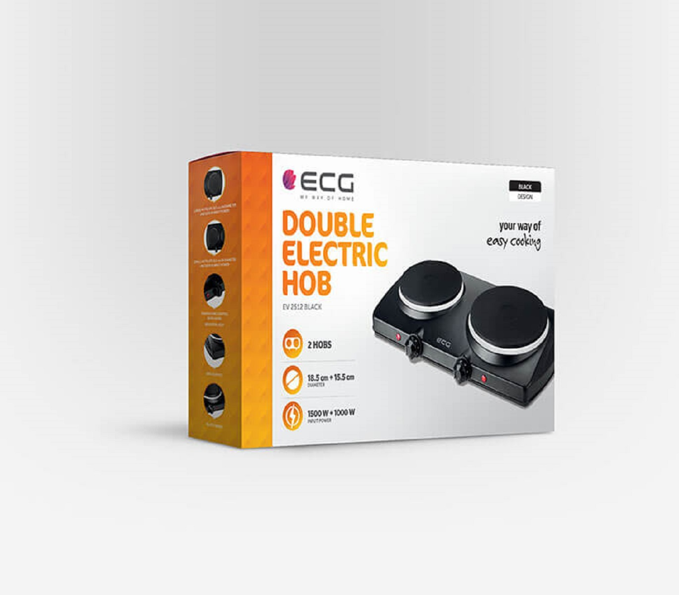 Karton für eine doppelte Elektrokochplatte. Es hat den Text ECG WE CARE OF HOME.