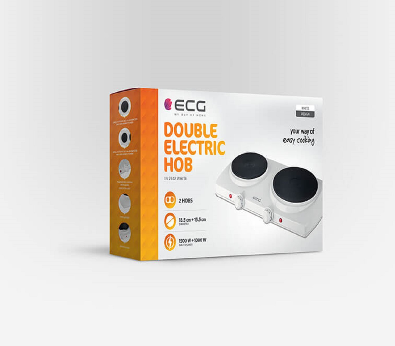 Verpackte Doppel-Elektrokochplatte mit schwarzen Kochfeldern, weißer Basis. Text: Doppel-Elektrokochfeld. Farben: orange, weiß.