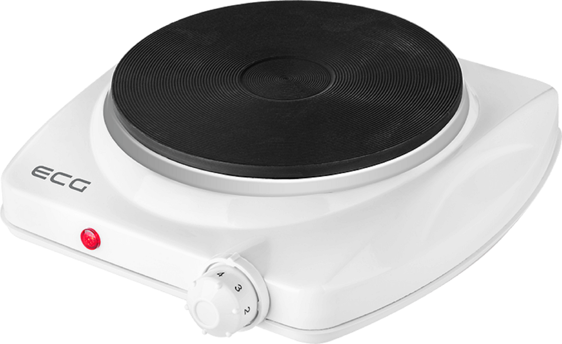 Biała kuchenka elektryczna z czarnym elementem grzejnym. Świeci czerwone światło, z pokrętłem.