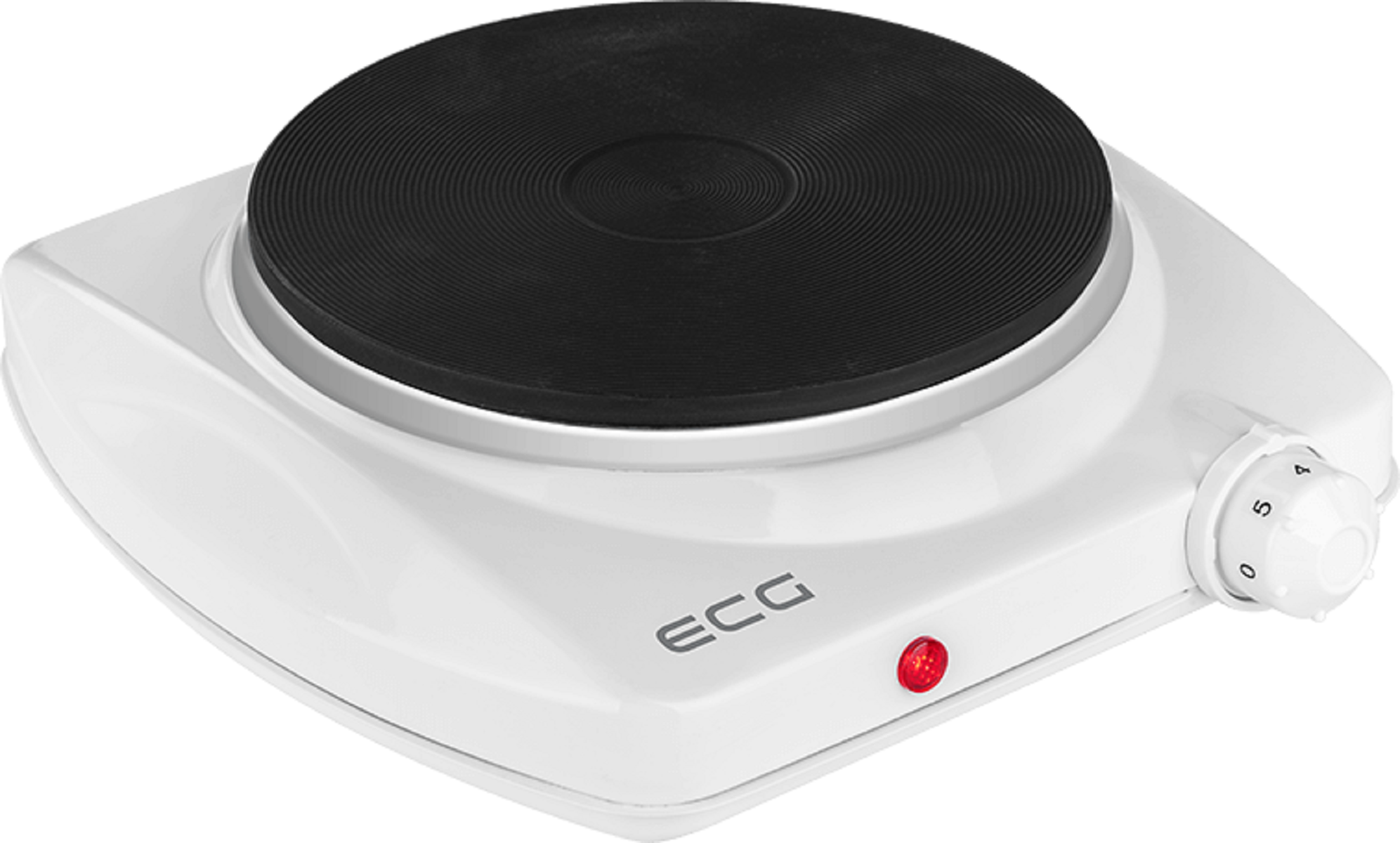 Biała kuchenka elektryczna z czarnym elementem grzejnym i pokrętłem, czerwona lampka kontrolna.