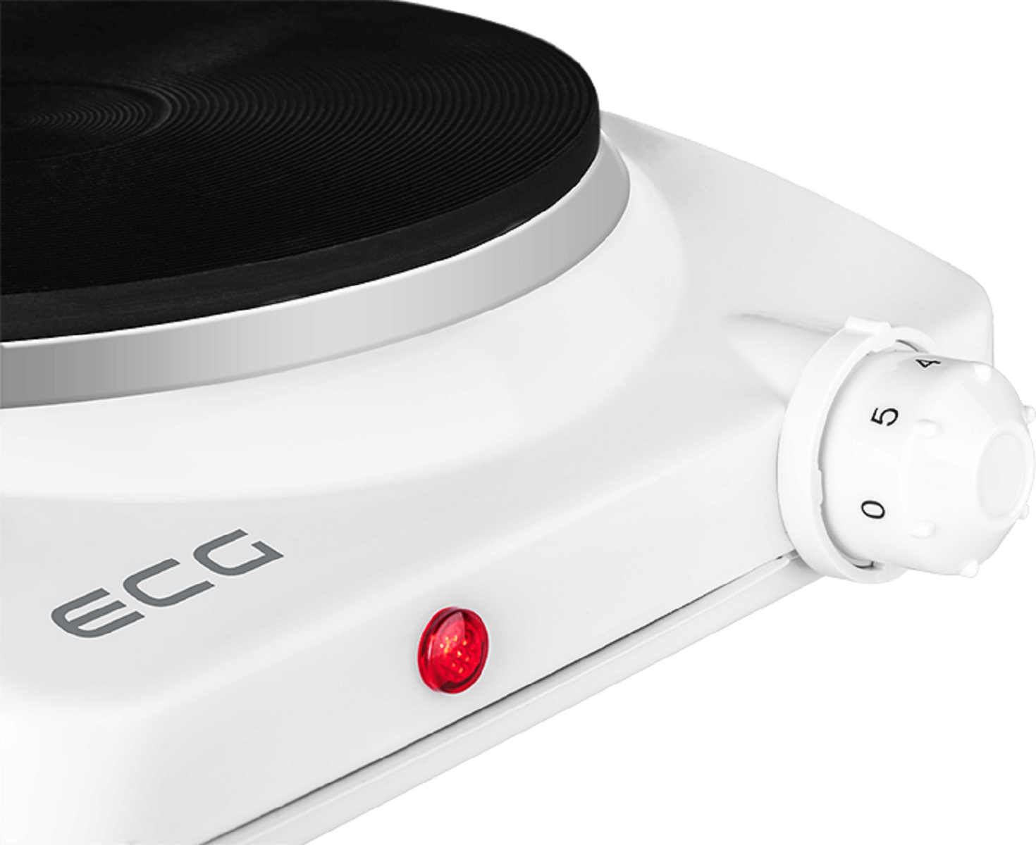 Biała elektryczna płyta grzewcza z czarnym elementem grzejnym i pokrętłem.