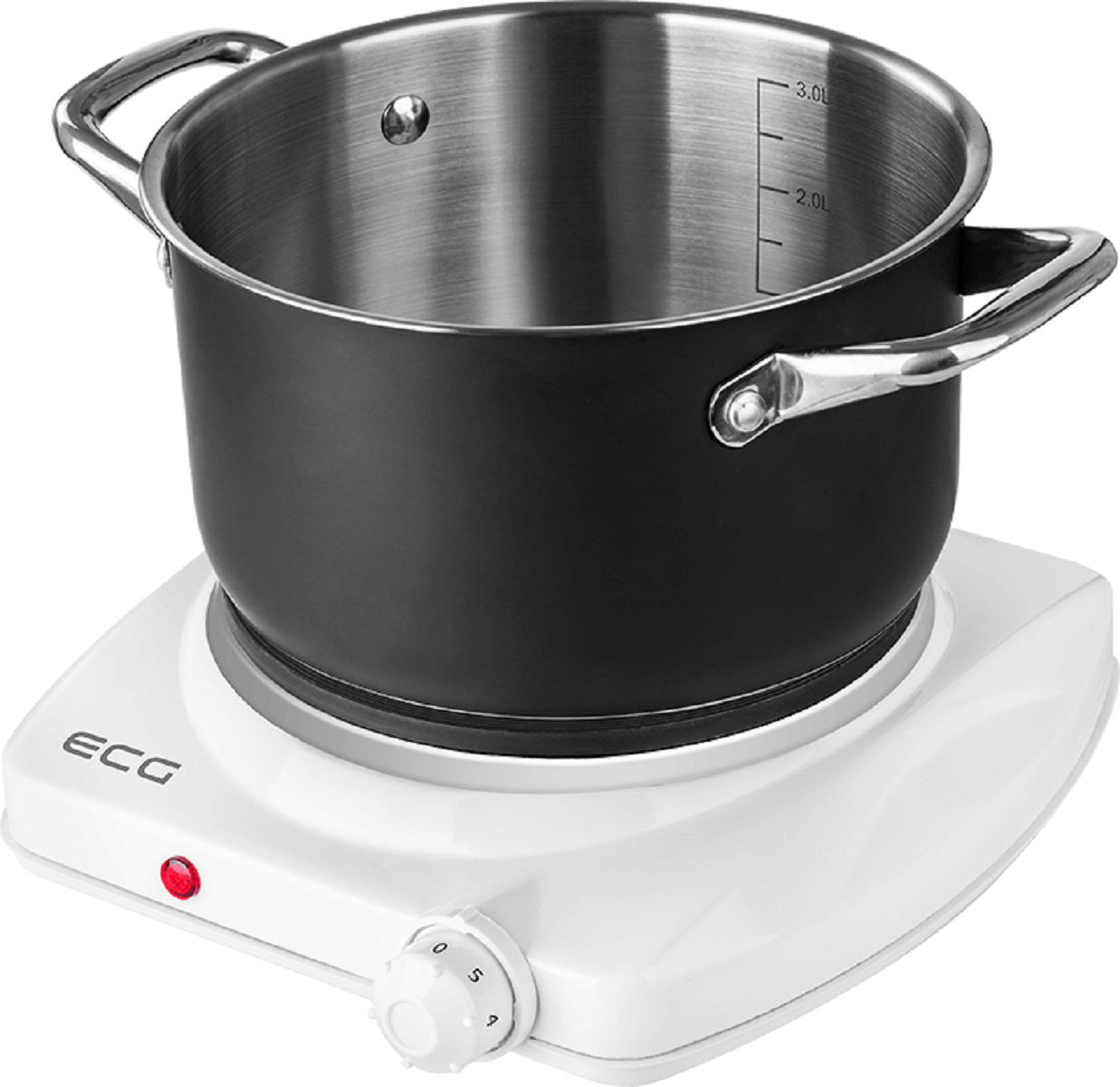 Czarny garnek na białej kuchence elektrycznej. Czerwona kontrolka włączona.