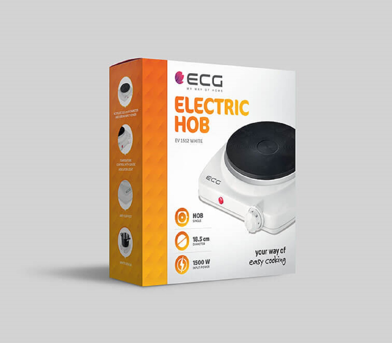 Pudełko produktu do płyty grzewczej z obrazami i tekstem, prezentowane na szarej powierzchni.