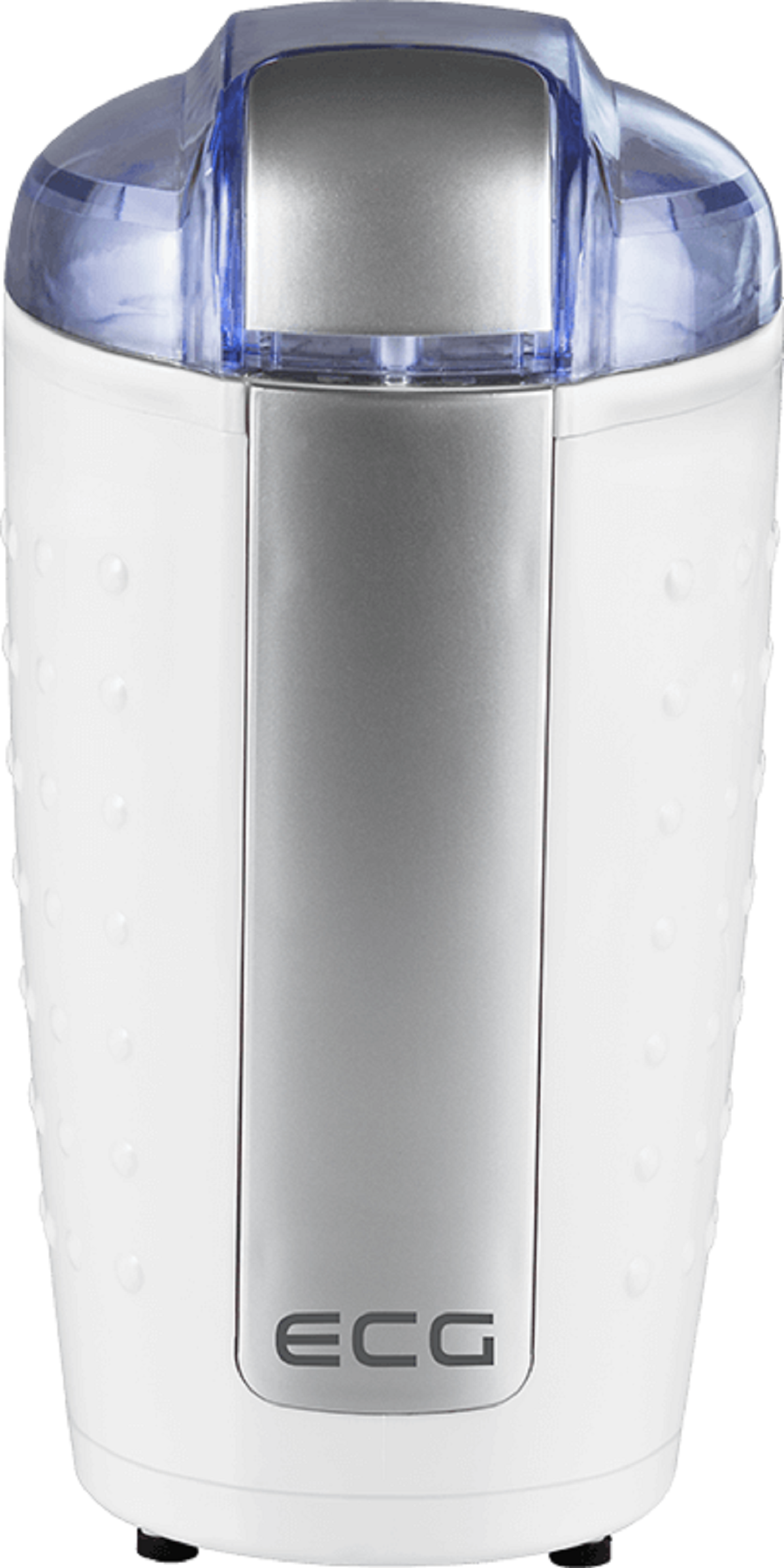 Biały i srebrny młynek do kawy z niebieską górą. Ma prosty design.