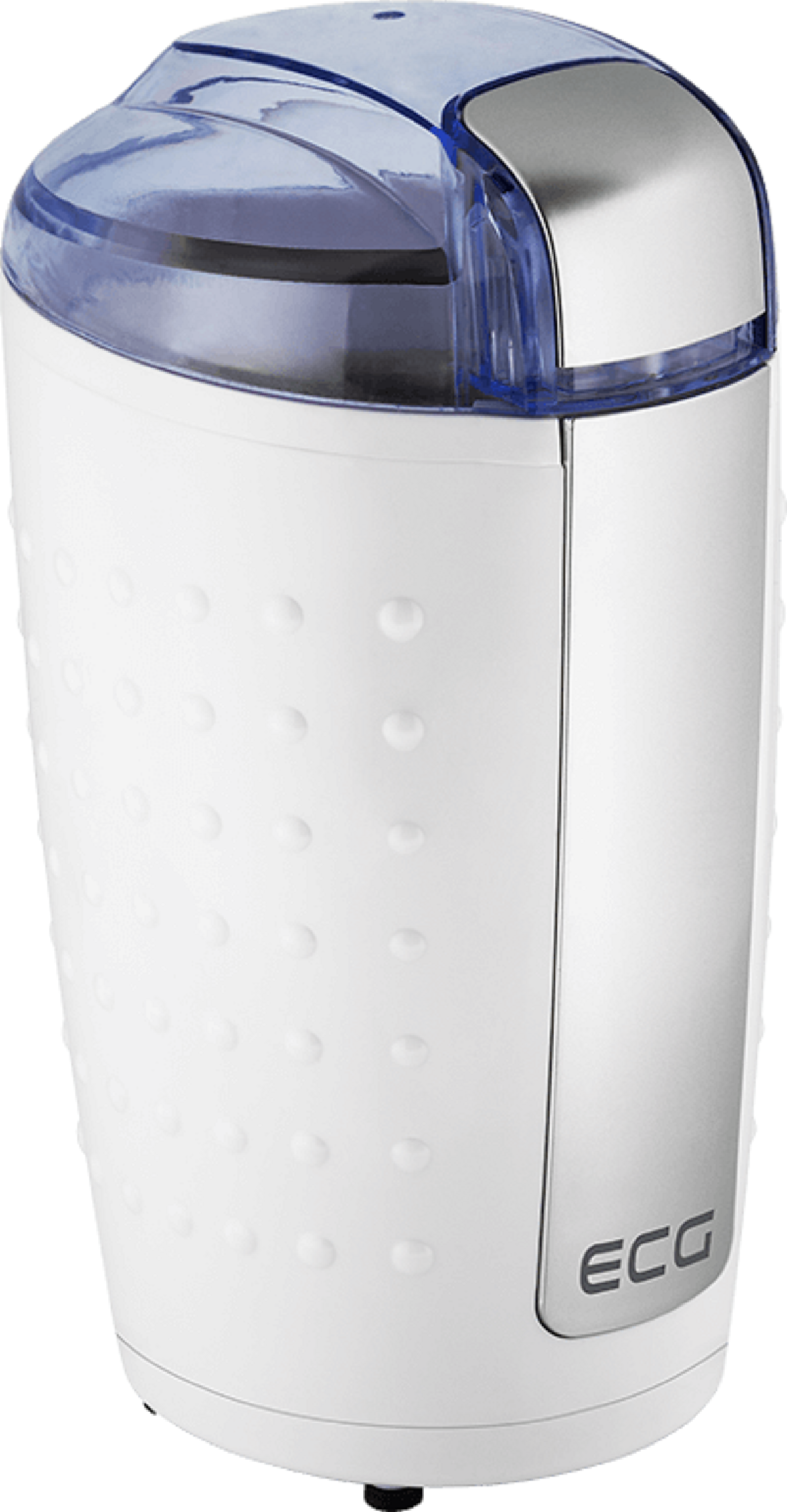 Biały młynek do kawy z niebieską pokrywką i logo 'ECG'. Ma teksturowaną powierzchnię.
