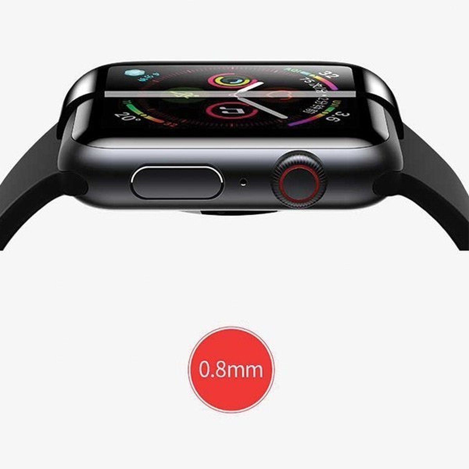 Eine schwarze Smartwatch auf rotem Hintergrund, die Zeit und Oberfläche anzeigt. Ein roter Kreis ist unten.