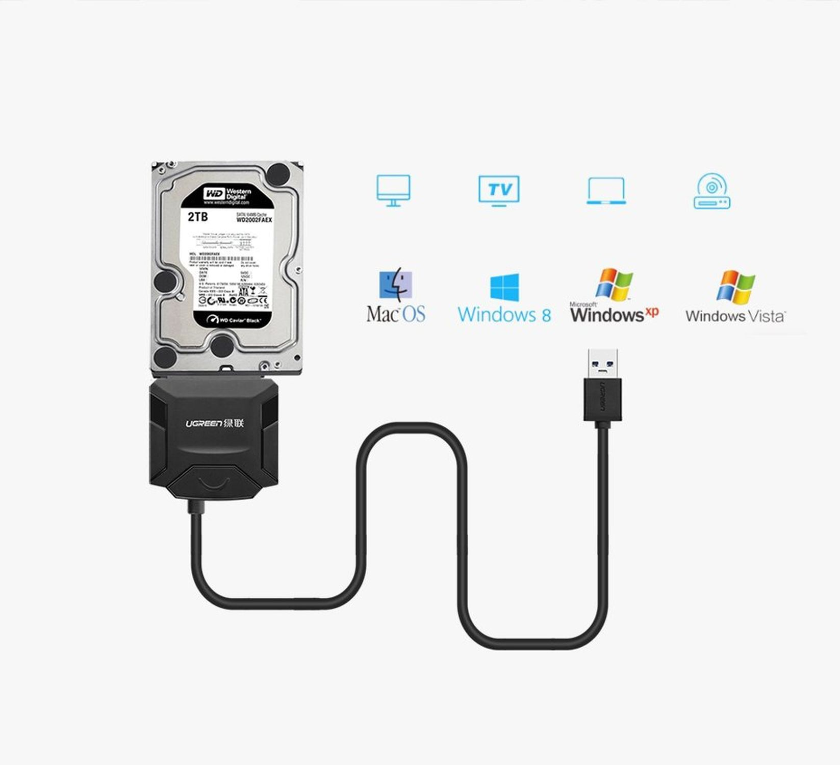 Dysk twardy podłączony do czarnego adaptera i kabla USB, ikony różnych urządzeń.