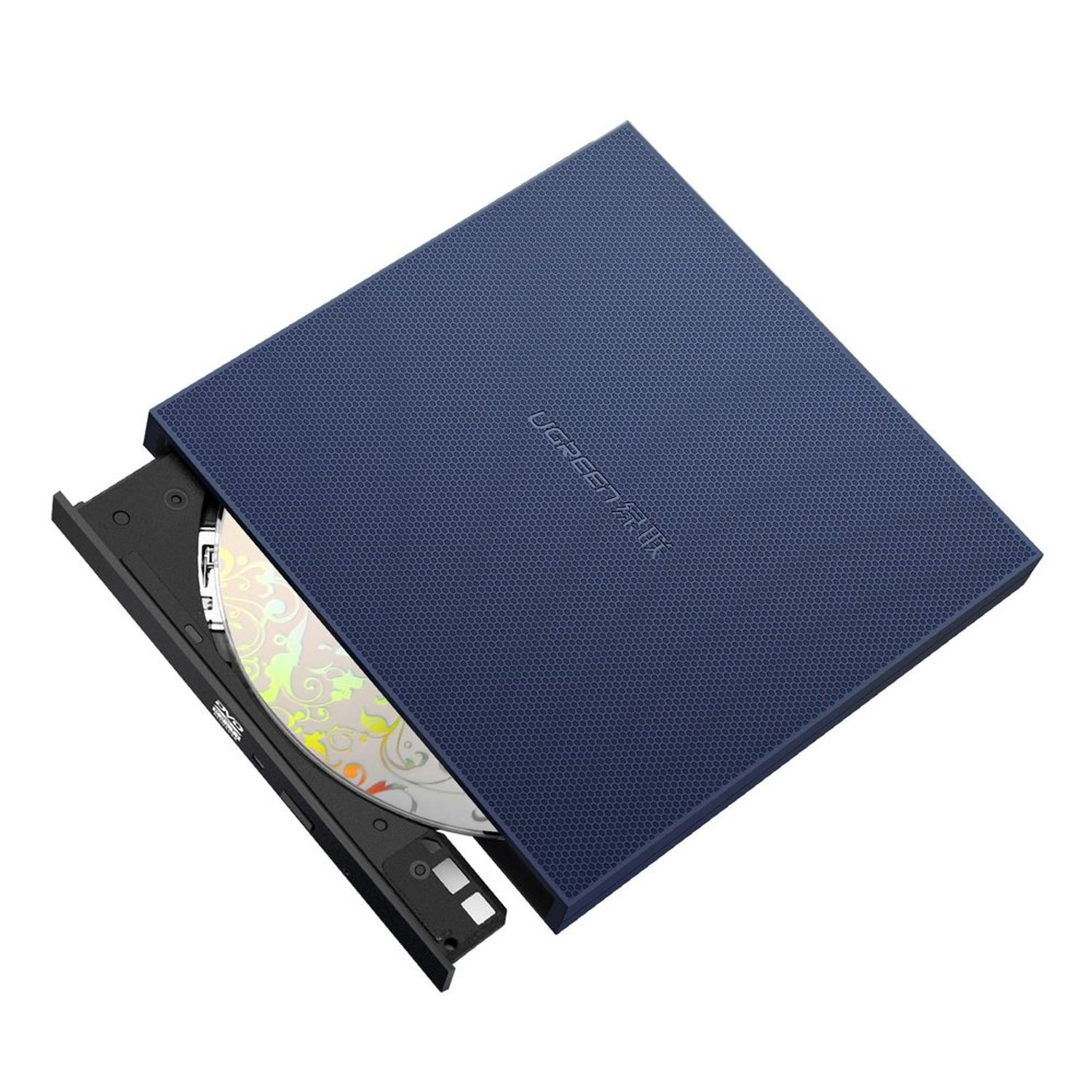 Blaues externes UGREEN CD/DVD-Laufwerk mit silberner Disc.
