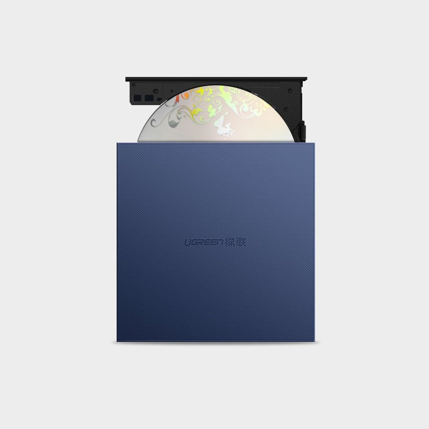 Blaues externes DVD-Laufwerk mit silberner Disc, UGREEN-Logo sichtbar.
