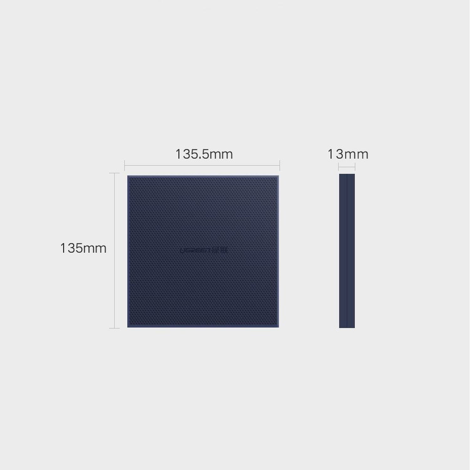 Dunkelblaues Quadrat mit den Maßen 135,5 mm x 135 mm, 13 mm dick. Text: Abmessungen. Farbe: Dunkelblau.