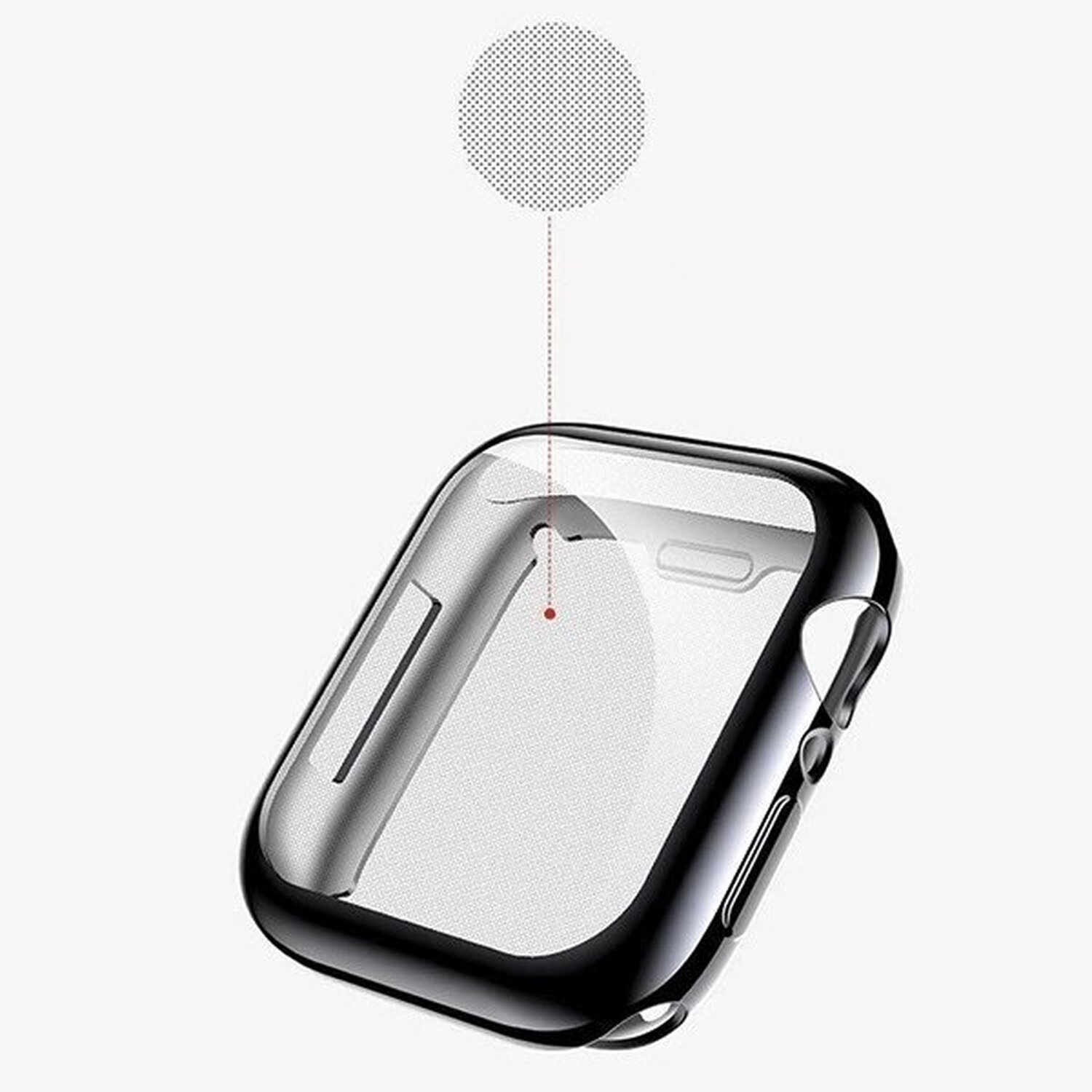 Eine transparente Handyhülle mit schwarzem Rahmen, die über einer hellen Oberfläche schwebt.