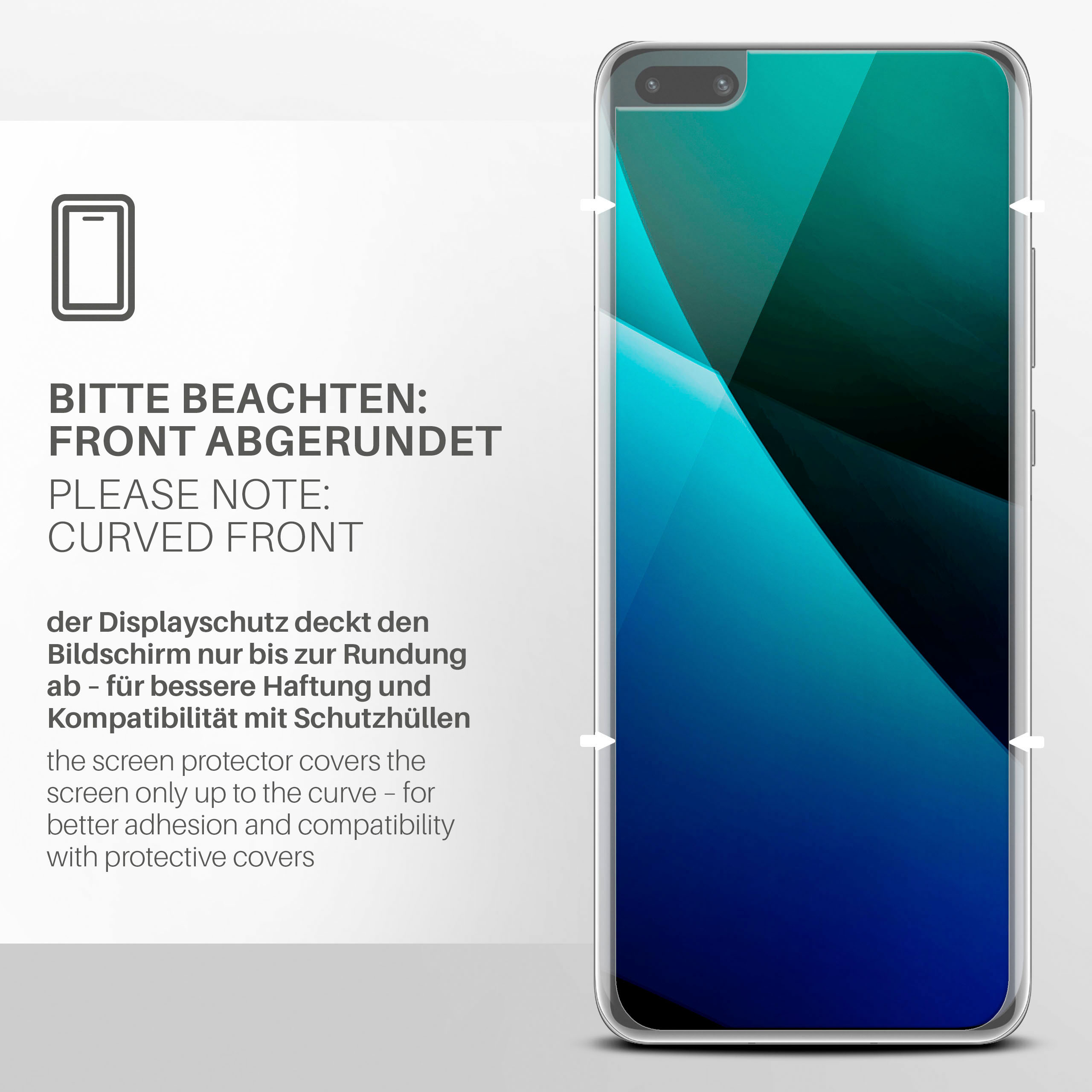 Ein Telefon mit gebogenem Bildschirm, mit Text, der das gebogene Design und den Bildschirmschutz erklärt.