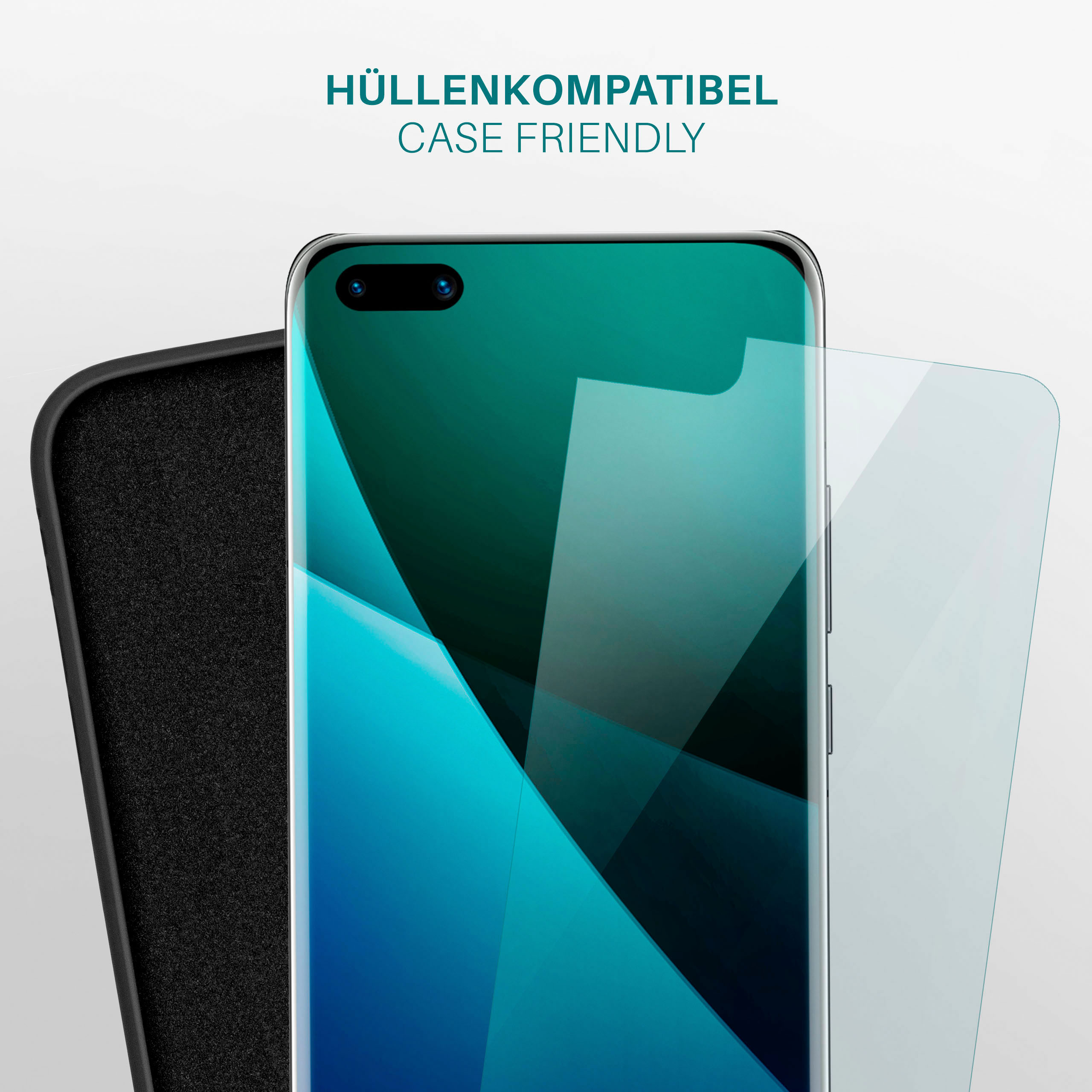 Handy-Displayschutzfolie mit Telefon und Hülle, beschriftet mit 'Case Friendly'.
