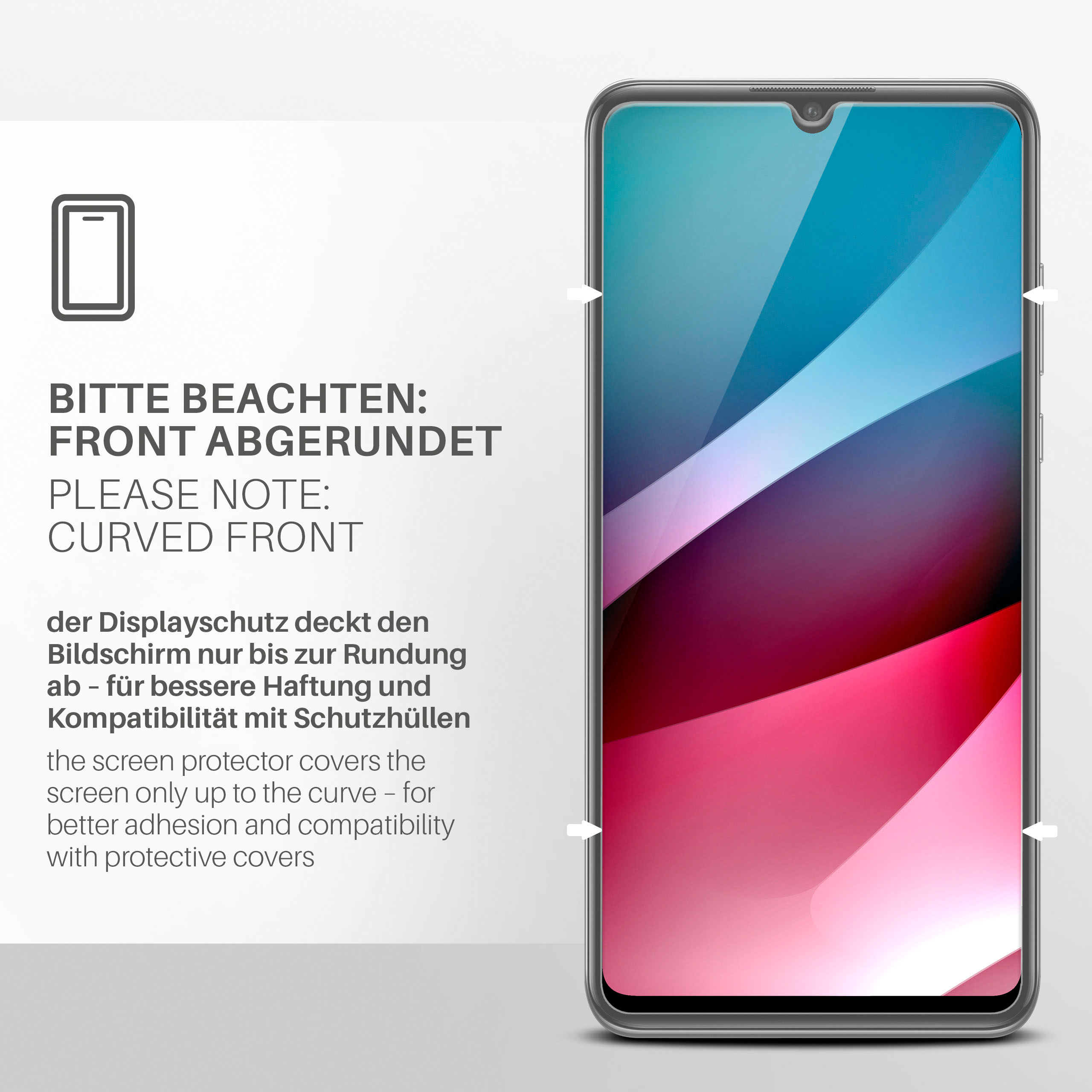 Smartphone mit Displayschutz und Text. Text sagt "gebogene Front".