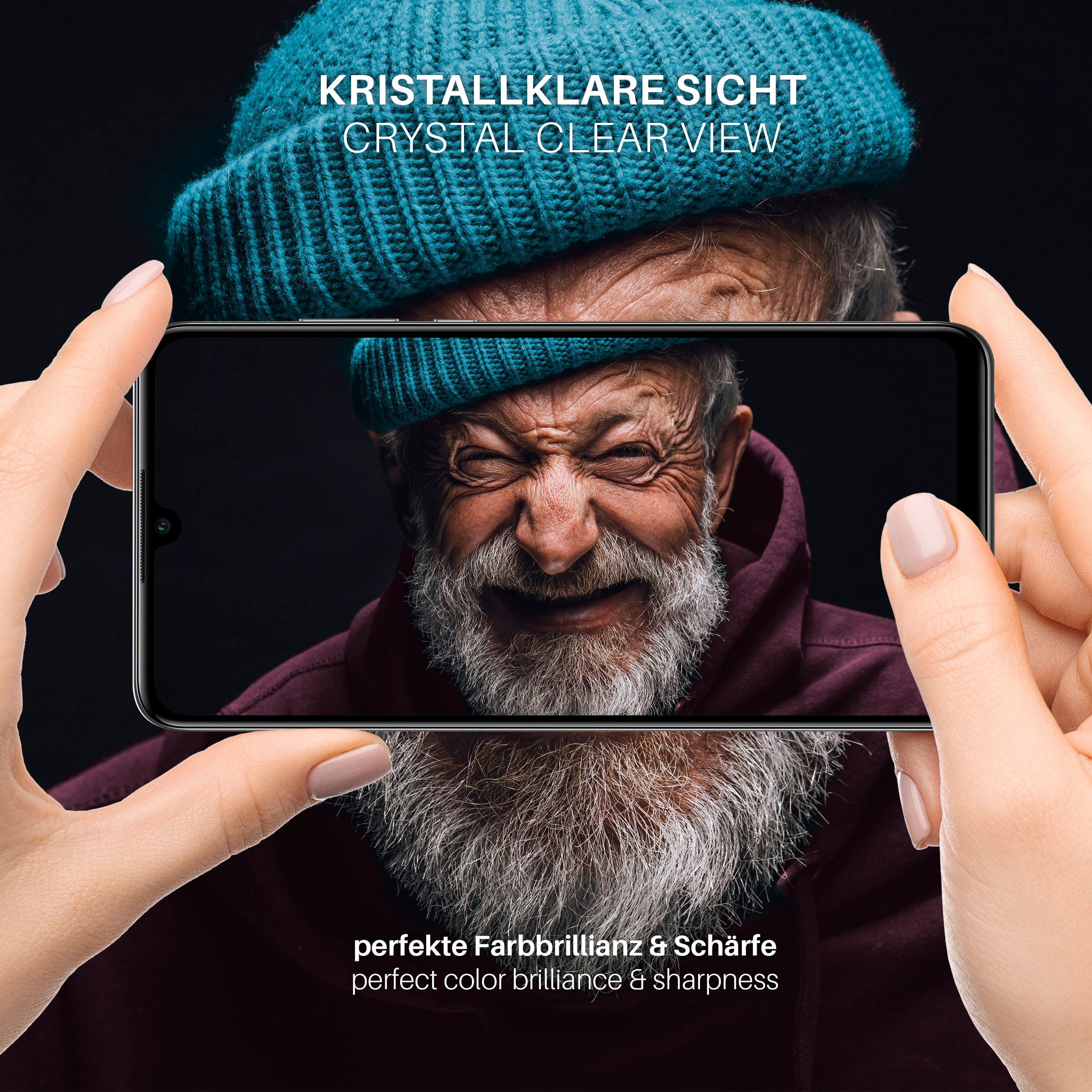 Ein Telefon zeigt das Gesicht eines lächelnden Mannes. Text: kristallklare Sicht und perfekte Farbbrillanz.