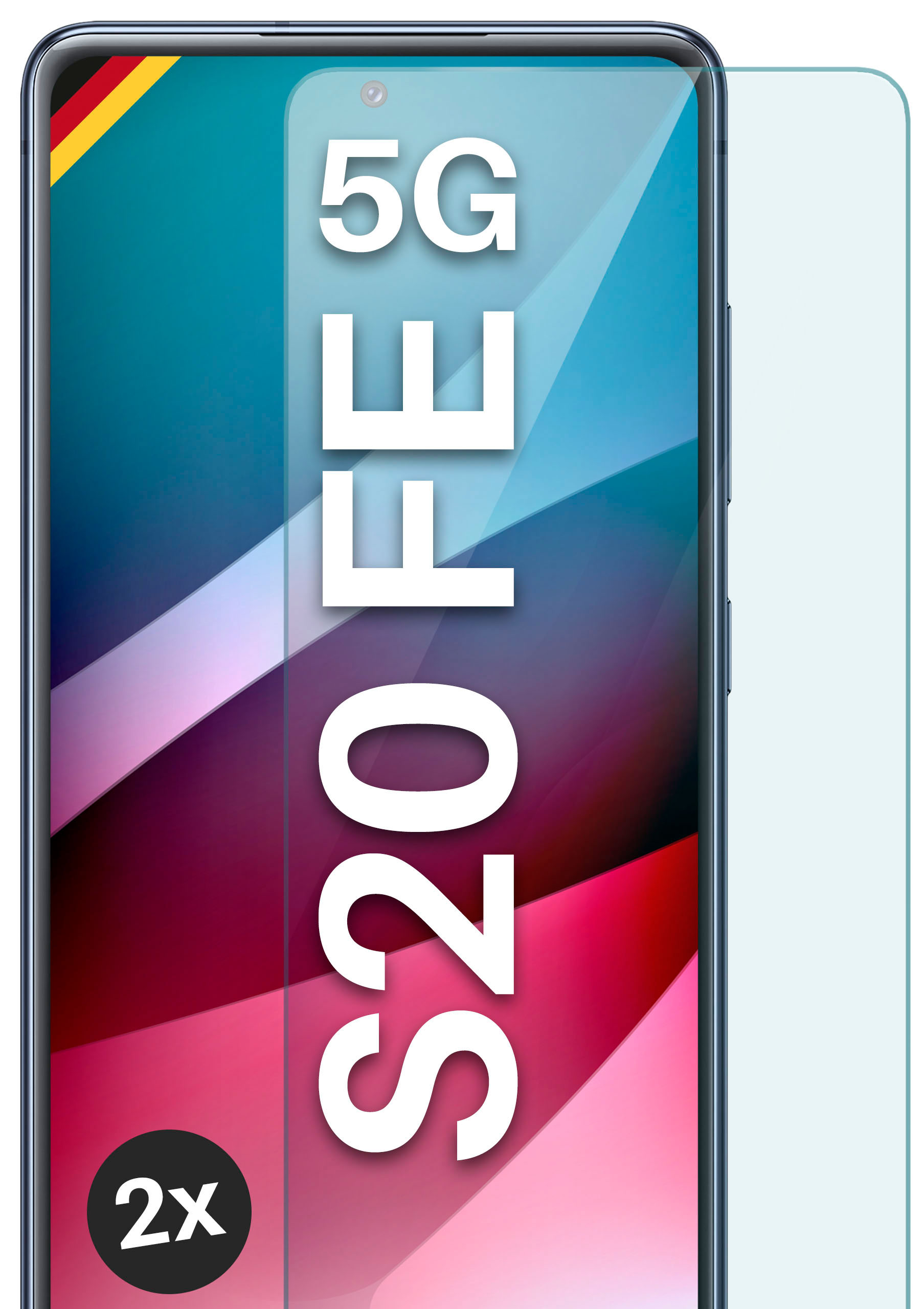 Handy-Displayschutz mit 5G, S20 FE-Text. Das Handy hat einen bunten Hintergrund.