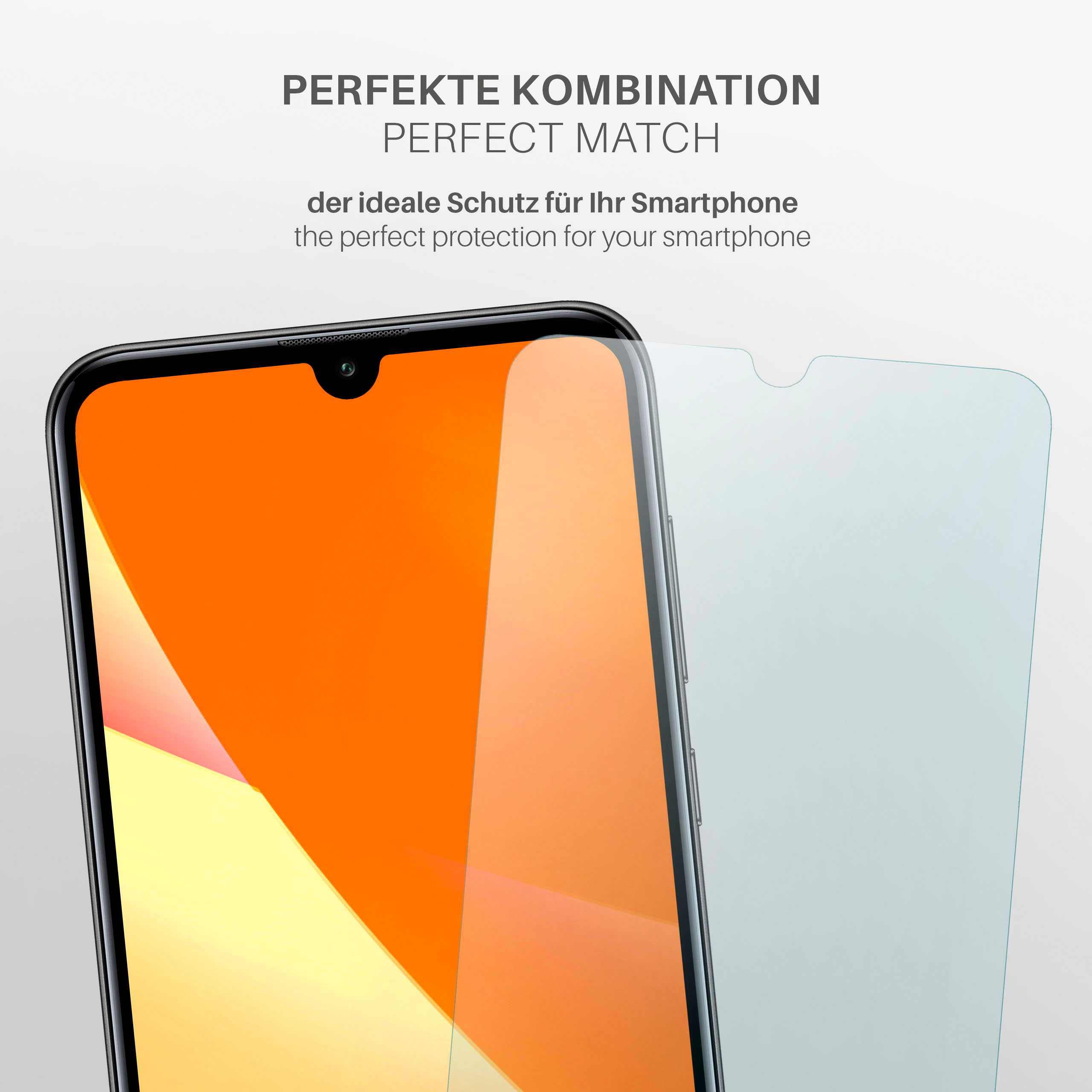Ein Telefon mit orangefarbenem Bildschirm hinter einer Displayschutzfolie. Text: perfekte Kombination und idealer Schutz.