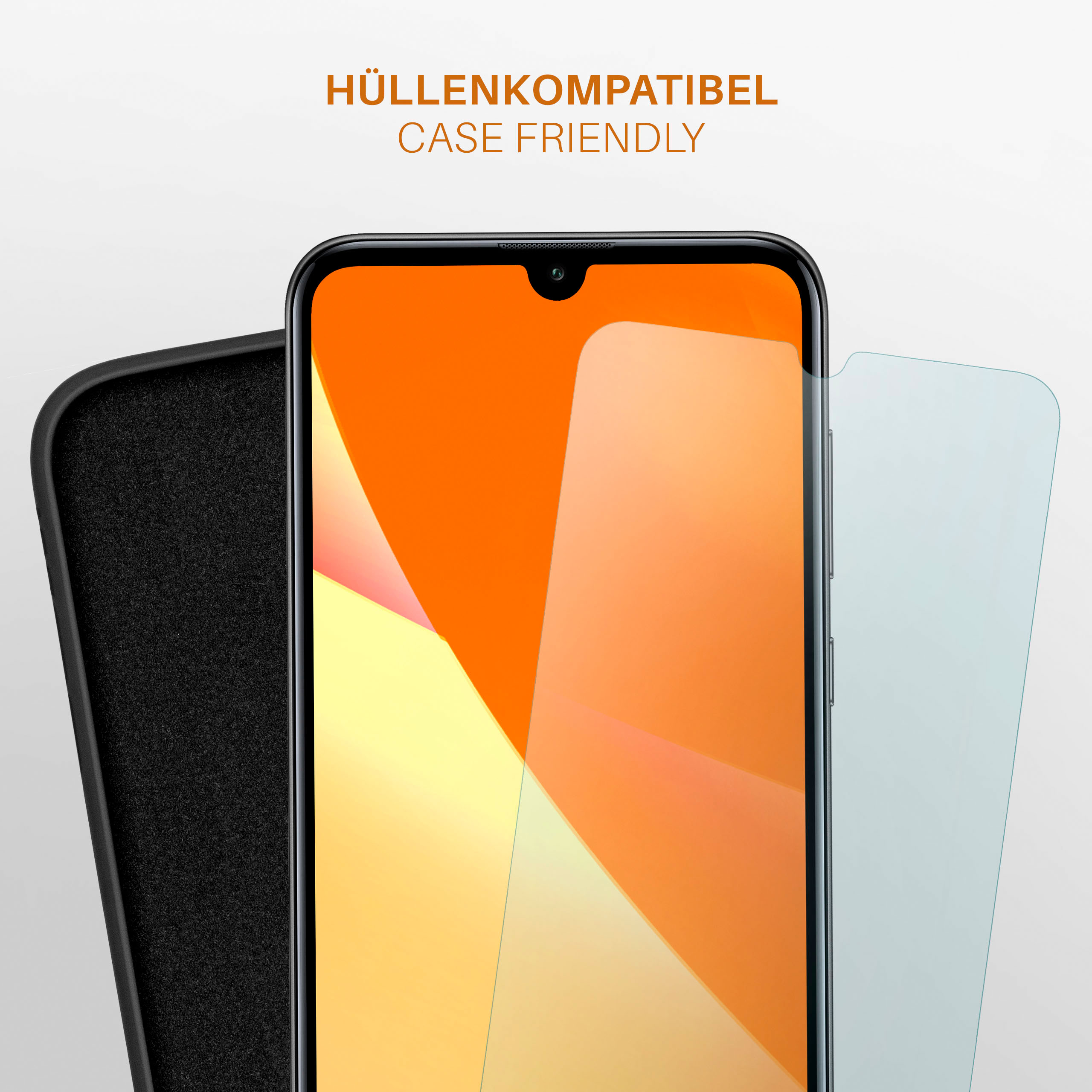 Telefonbildschirm mit orangefarbenem Hintergrund, Schutzfolie und Handyhülle.