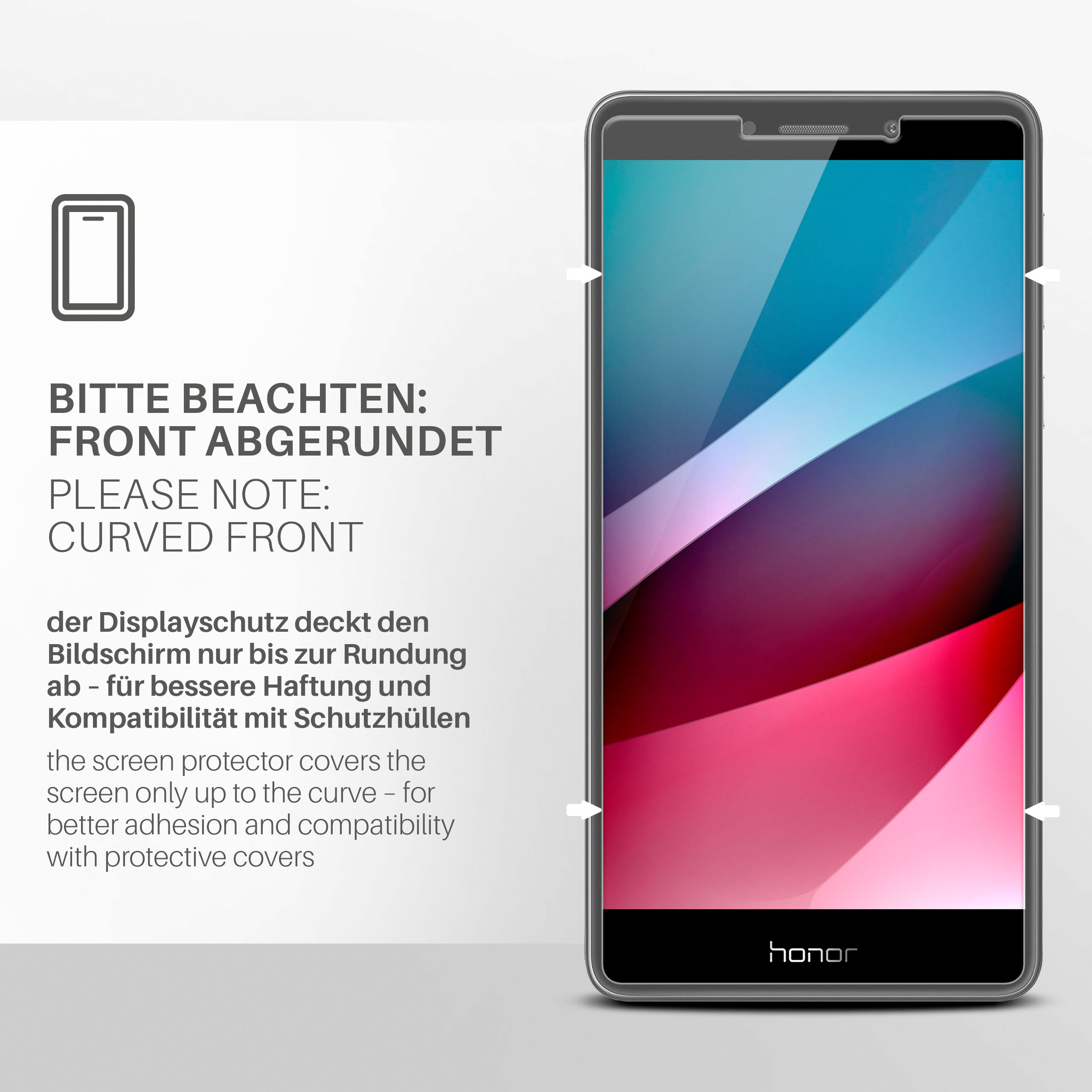 Ein Telefonbildschirm mit Schutzfolie. Der Schutz bedeckt die gewölbte Vorderseite des Bildschirms.
