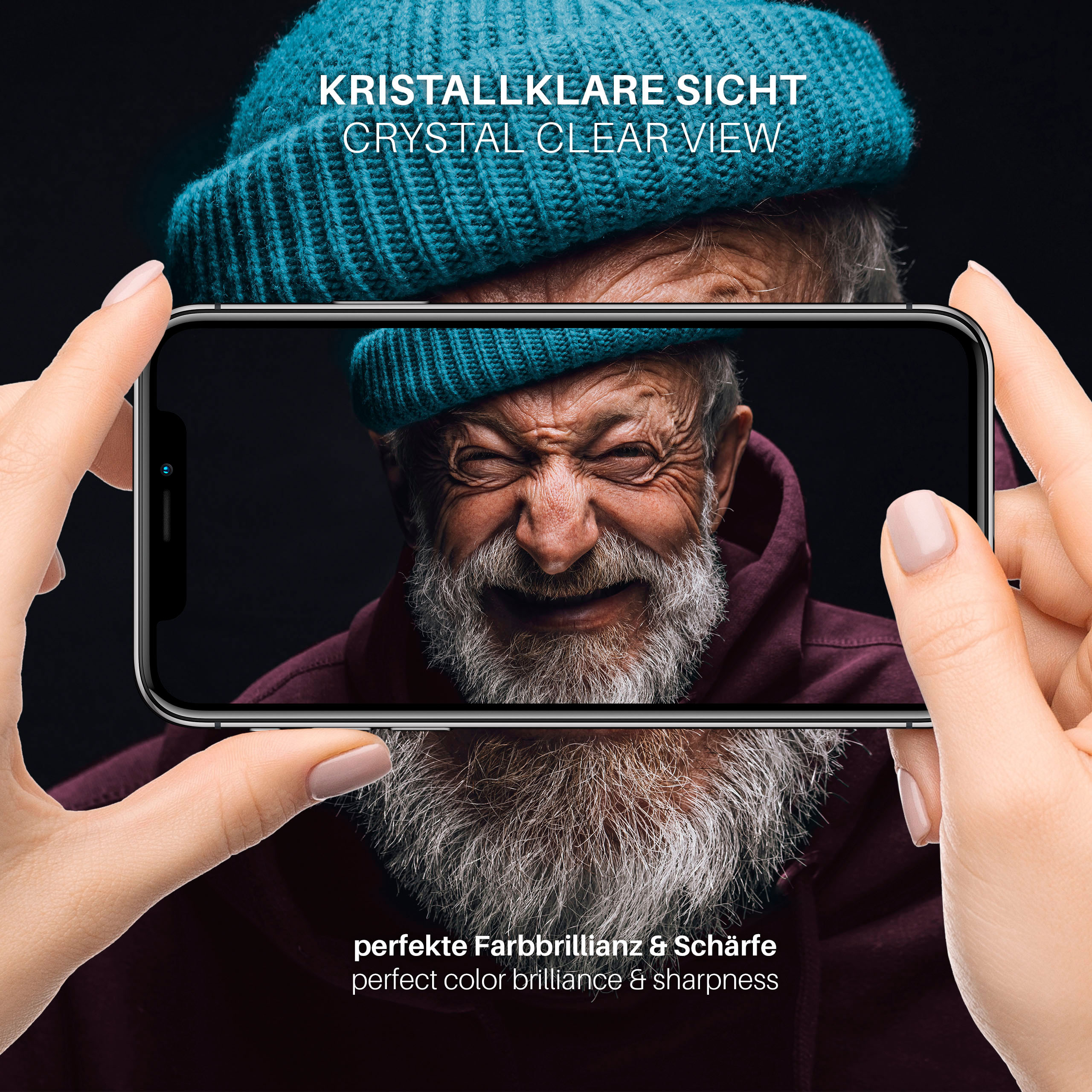 Ein Telefonbildschirm zeigt einen lächelnden alten Mann. Text sagt "kristallklare Sicht" und "perfekte Farbbrillanz & Schärfe".