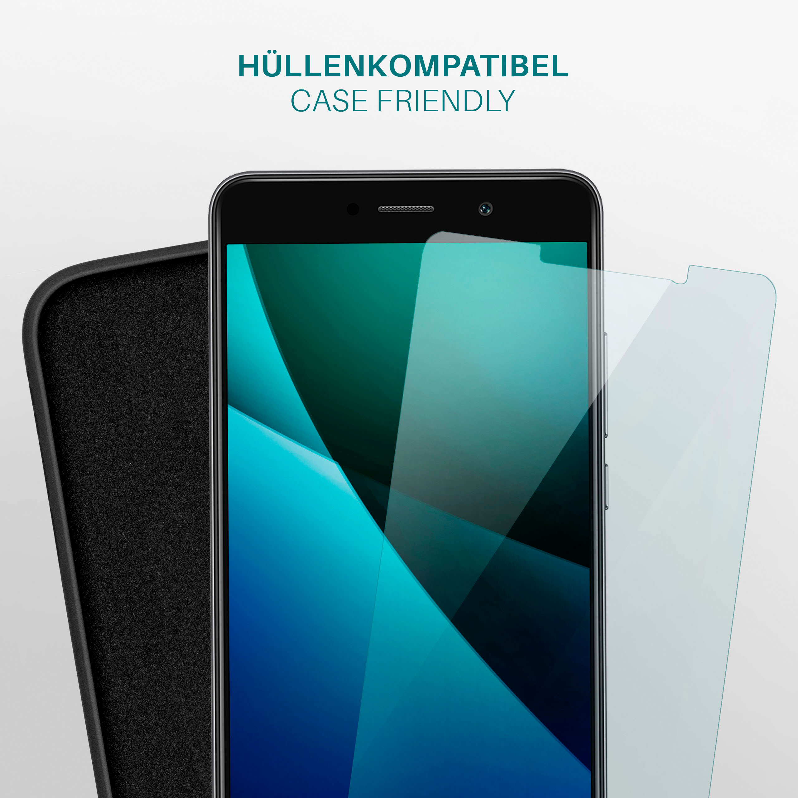 Ein Smartphone-Bildschirm mit Displayschutzfolie und einer schwarzen Hülle. Der Text lautet „PERFEKTE KOMBINATION“ und „PERFECT MATCH“.