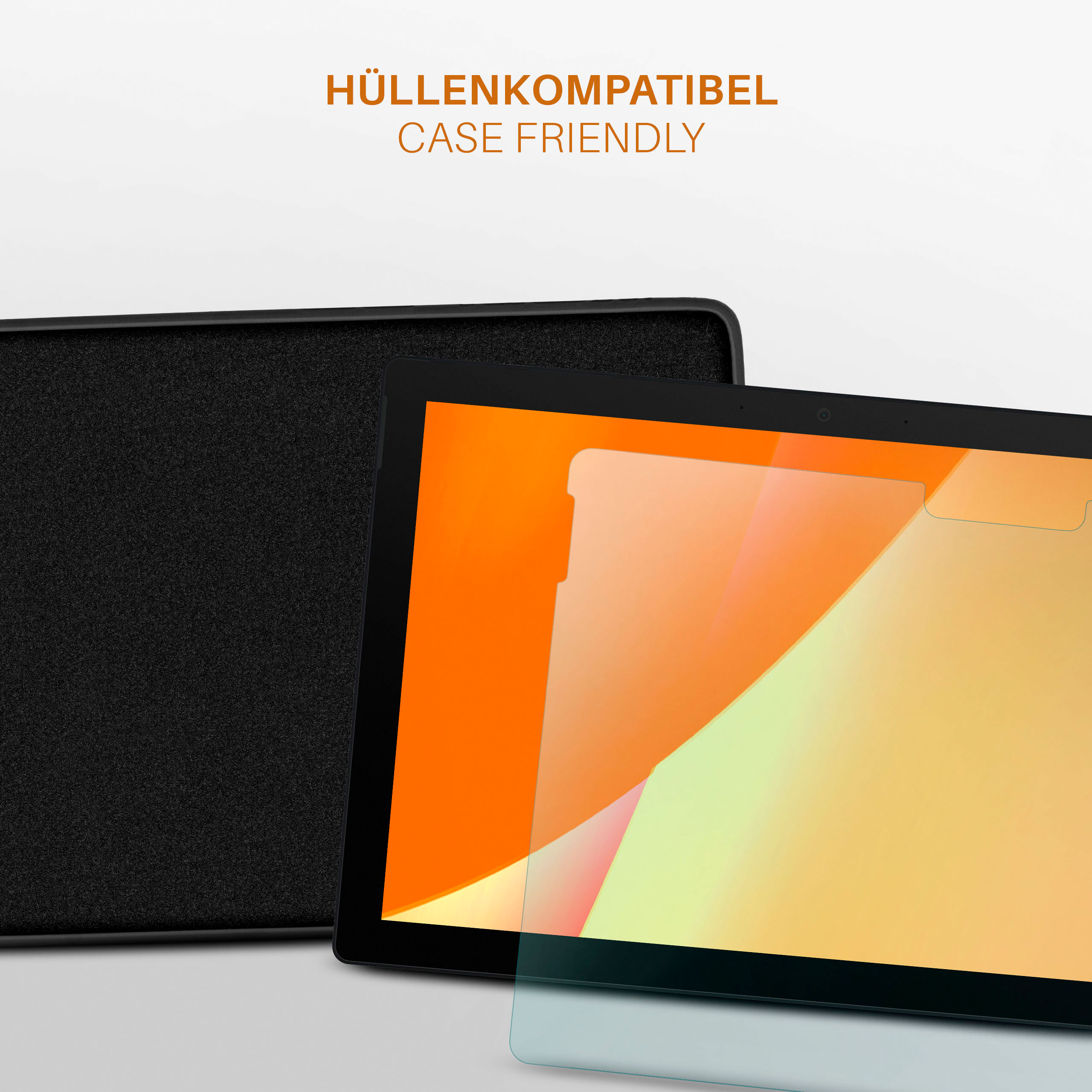 Ein schwarzer Tablet-Bildschirm mit Schutzglas und eine schwarze Hülle.