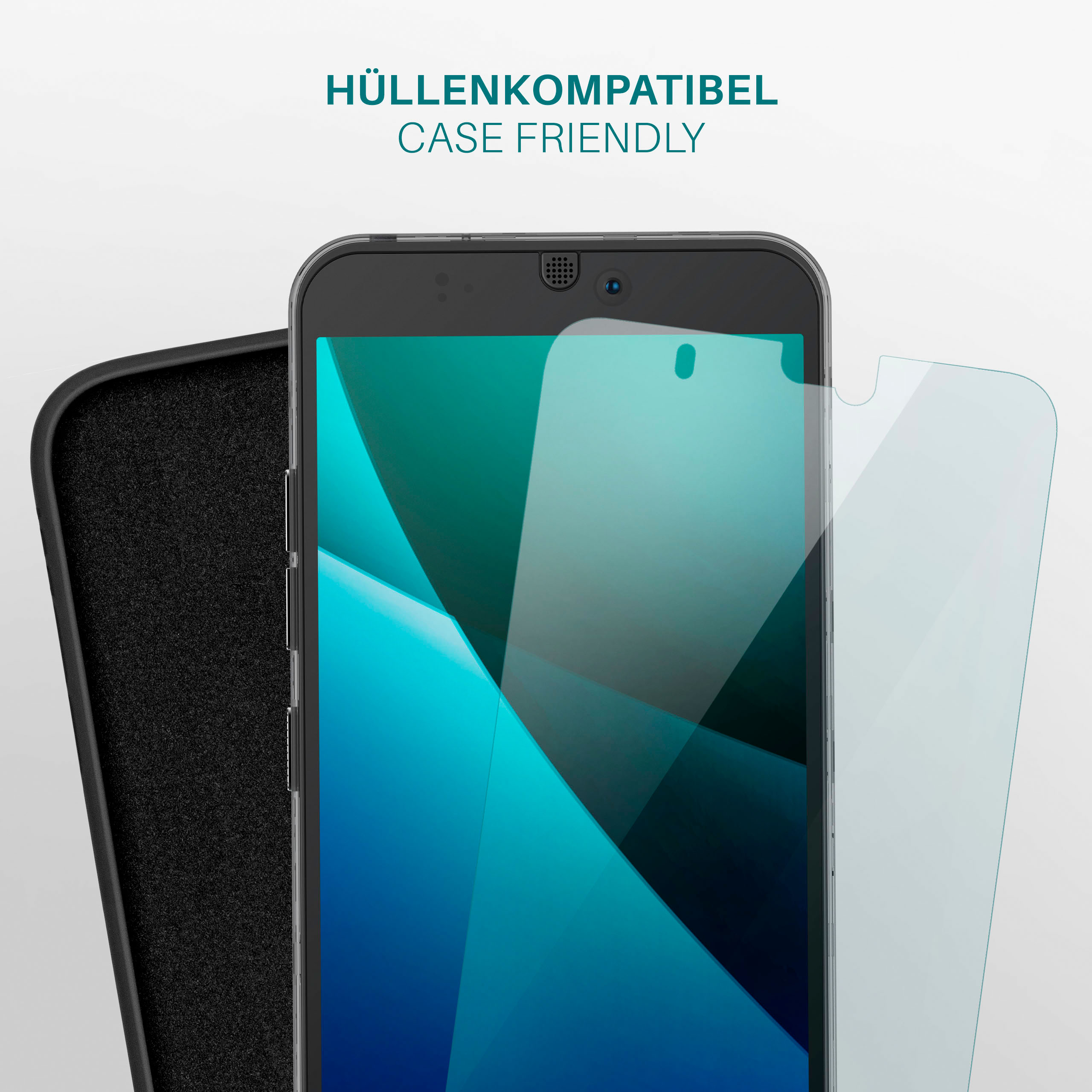 Ein Telefon mit Displayschutzfolie neben einer Hülle.