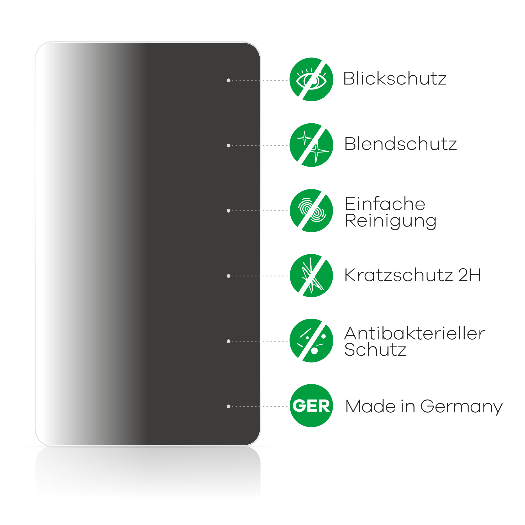 Schutzfolie für das Telefon. Es hat verschiedene Schutzbezogene Symbole.