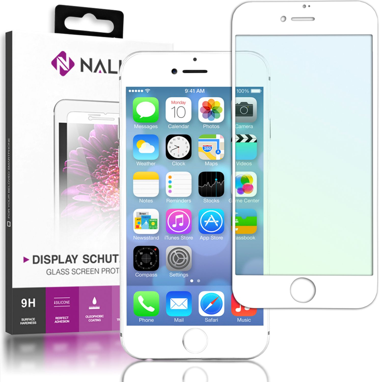 Un smartphone blanc avec une interface, un protecteur d'écran et un emballage, avec des étiquettes pour la protection de l'écran.