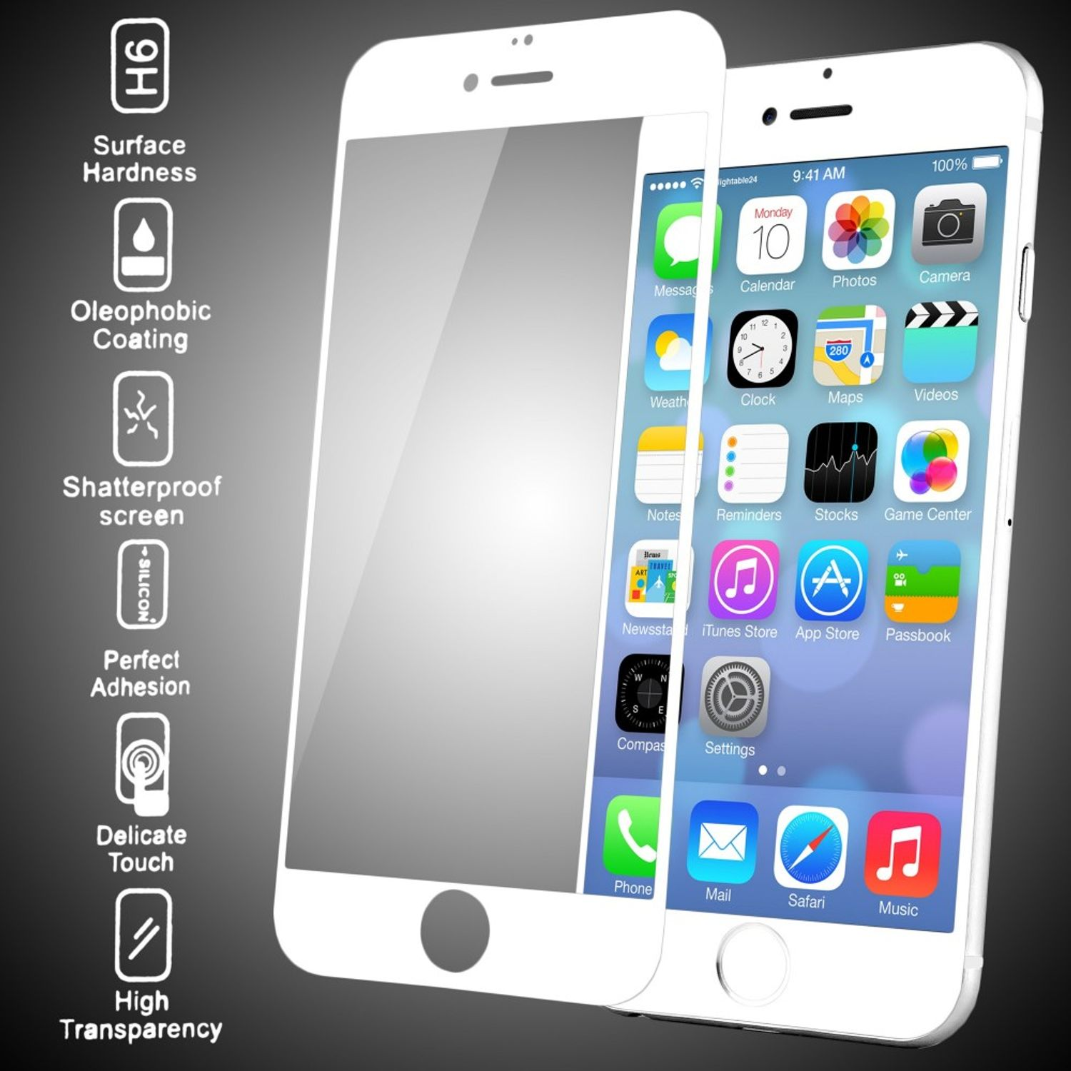Zwei weiße Smartphones mit Displayschutzfolien, die Symbole und Funktionen zeigen.