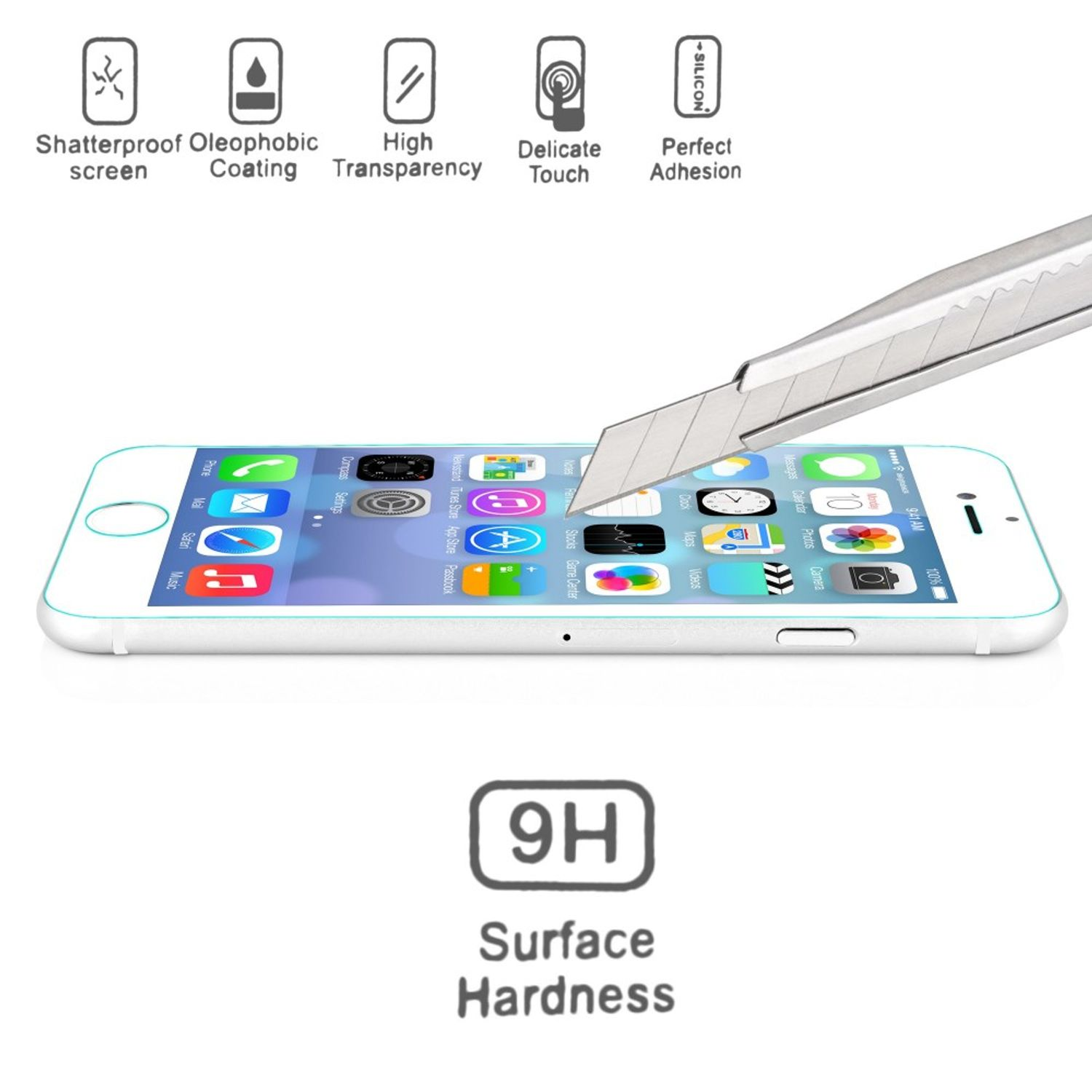 Ein Smartphone, dessen Displayschutzfolie mit einem Cutter geschnitten wird, und Symbole für Funktionen wie Härte und oleophob.