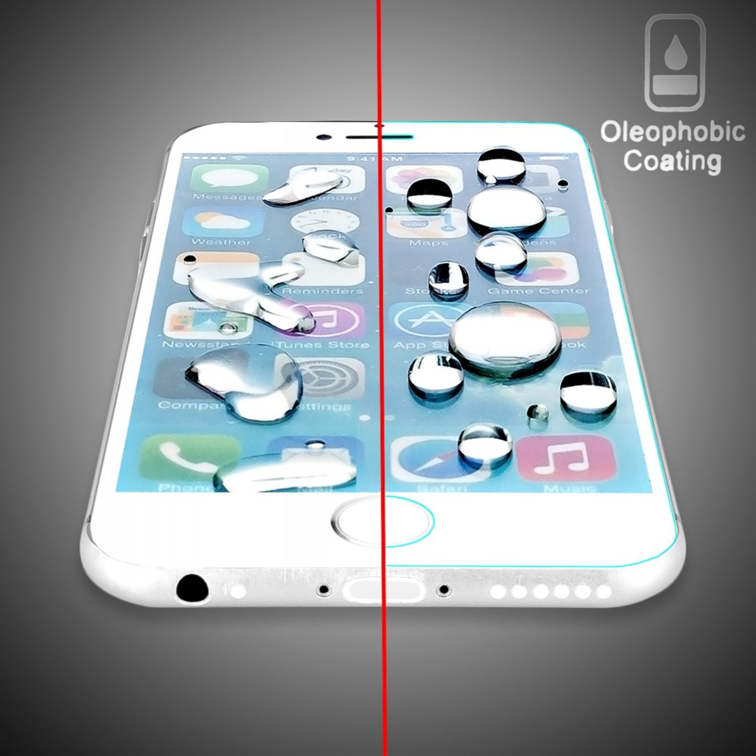 Telefon mit Wassertropfen auf dem Bildschirm. Text: Oleophobe Beschichtung. Rote Linie teilt den Bildschirm.