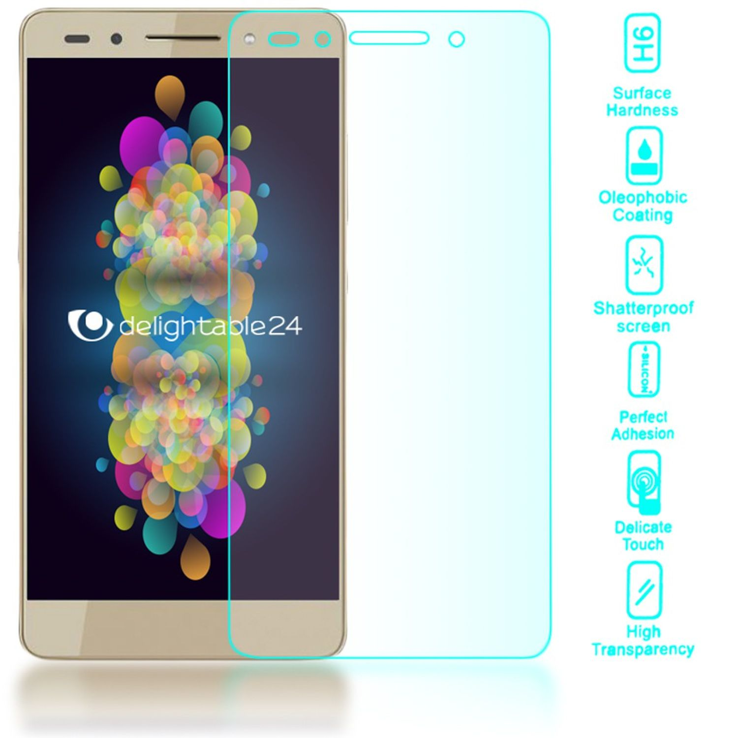 Un smartphone doré avec un protecteur d'écran et des icônes pour des fonctionnalités comme la dureté de surface et le revêtement oléophobe.