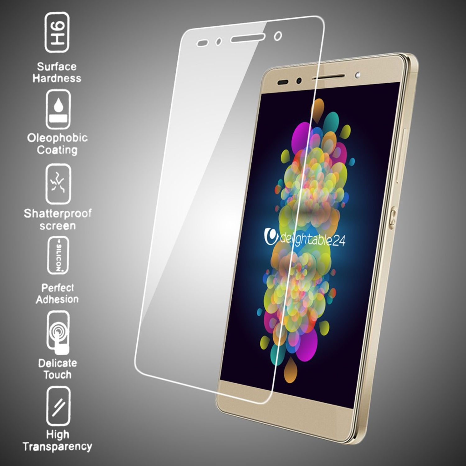Un téléphone avec un protecteur d'écran. Icônes sur l'écran avec des graphiques colorés et un logo.