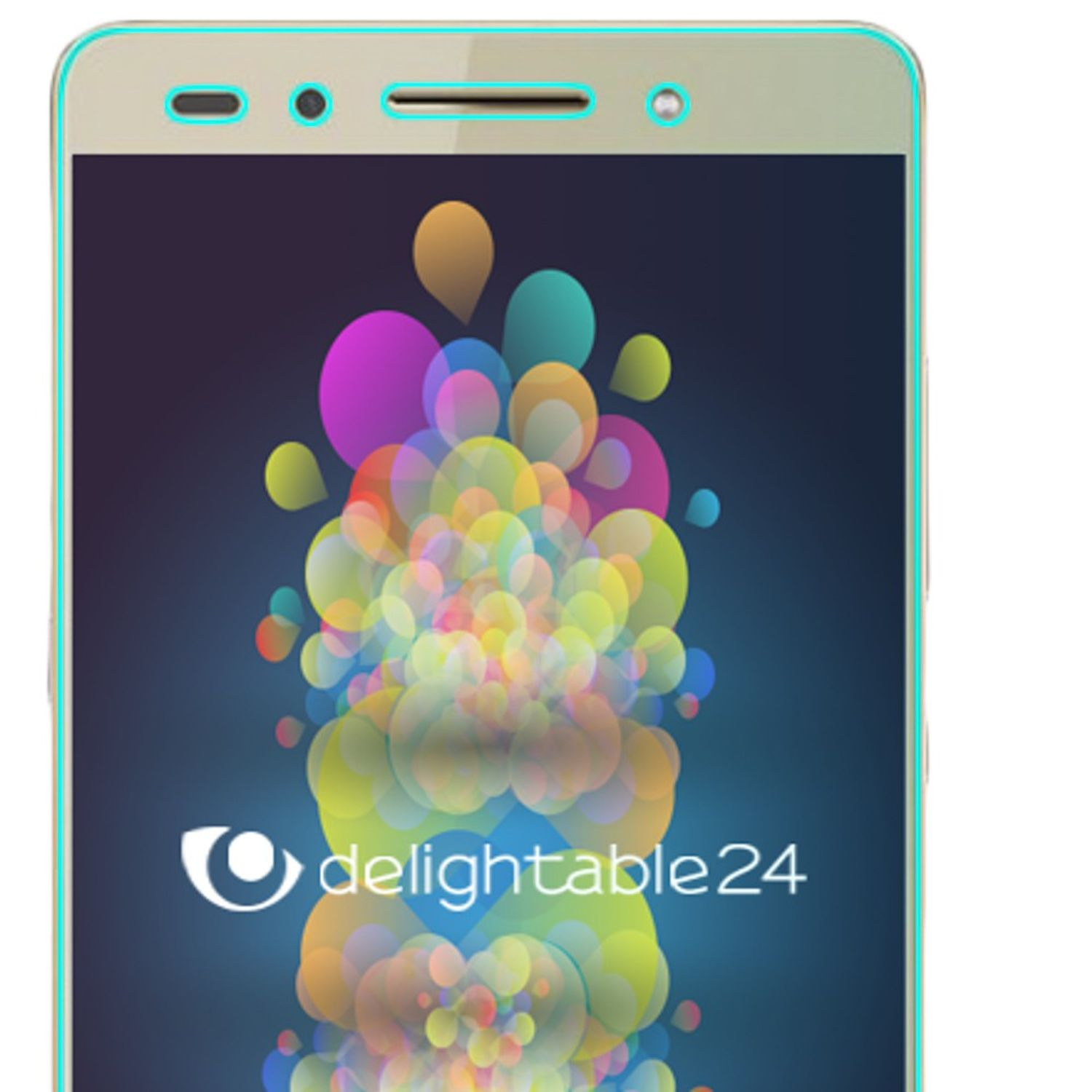 Gros plan d'un écran de téléphone avec un fond coloré. Le logo est : delightable24. Contour bleu clair.