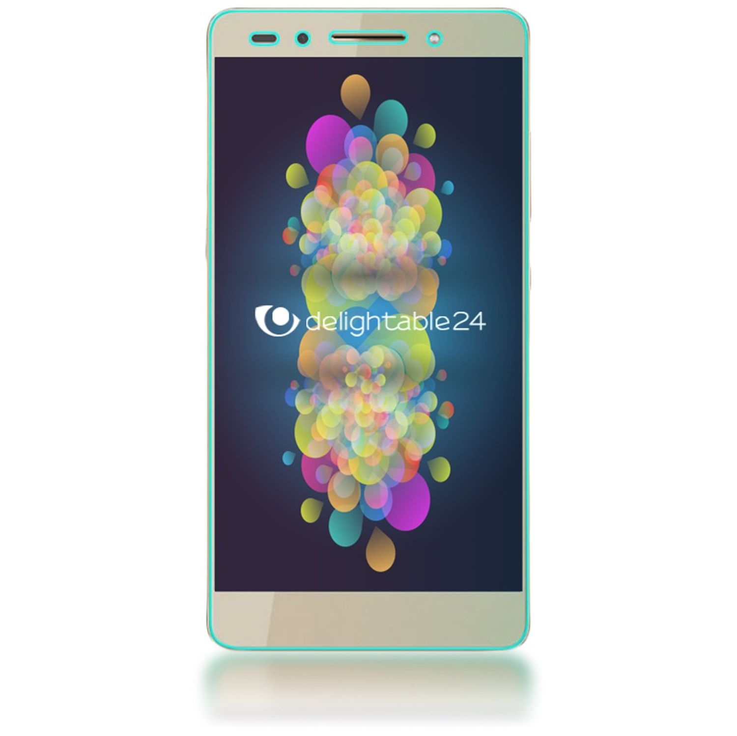 Un smartphone doré avec un fond abstrait coloré et le logo Delightable24 sur l'écran.