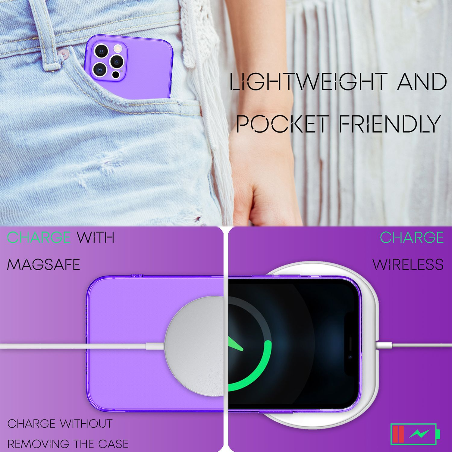 Ein lila Telefon in einer Tasche, Laden mit MagSafe und kabellosem Laden, Text: 'LIGHTWEIGHT AND POCKET FRIENDLY'.