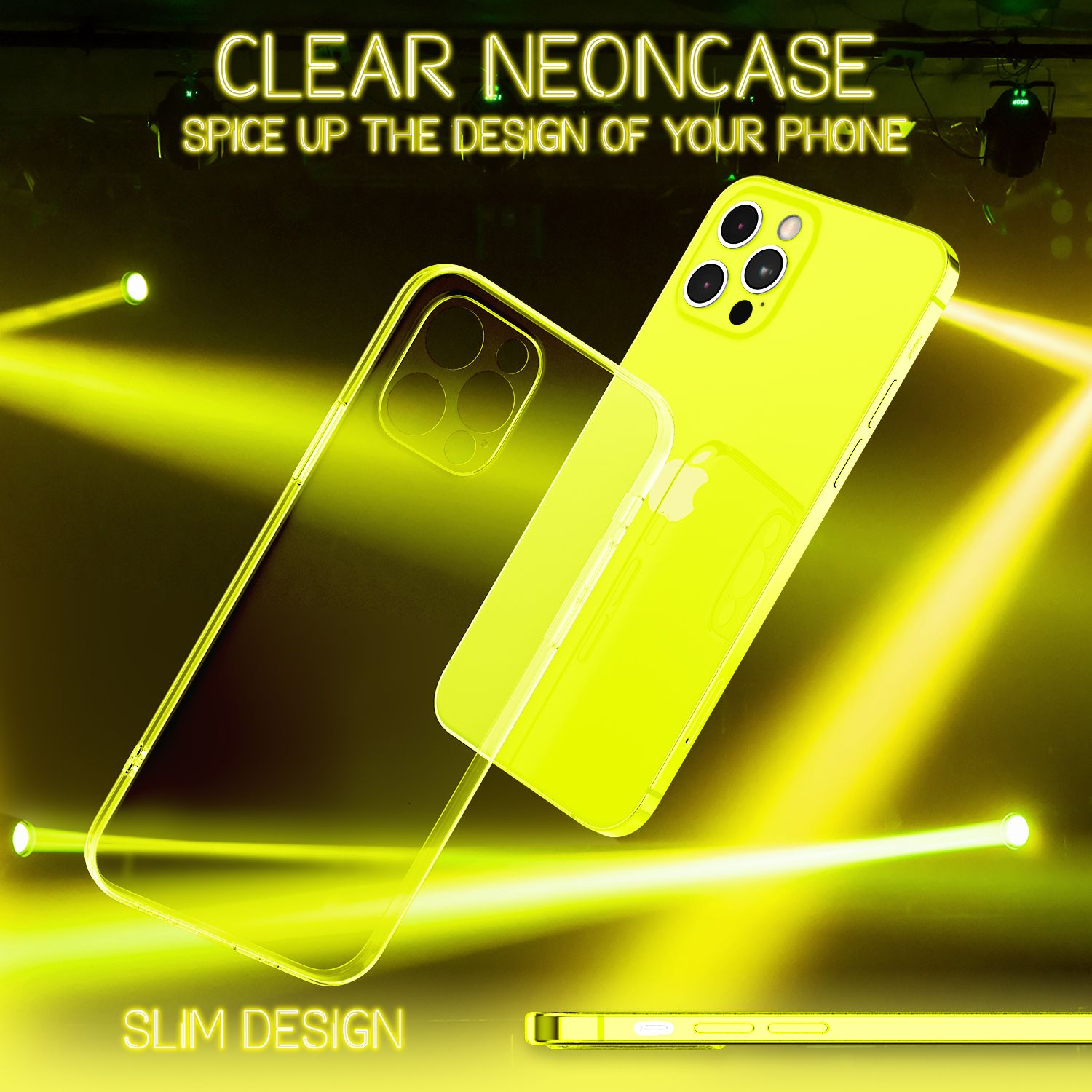 Gelbe Handyhülle und Telefon, beleuchtet von Neonlichtern. Zeigt schlankes Design.