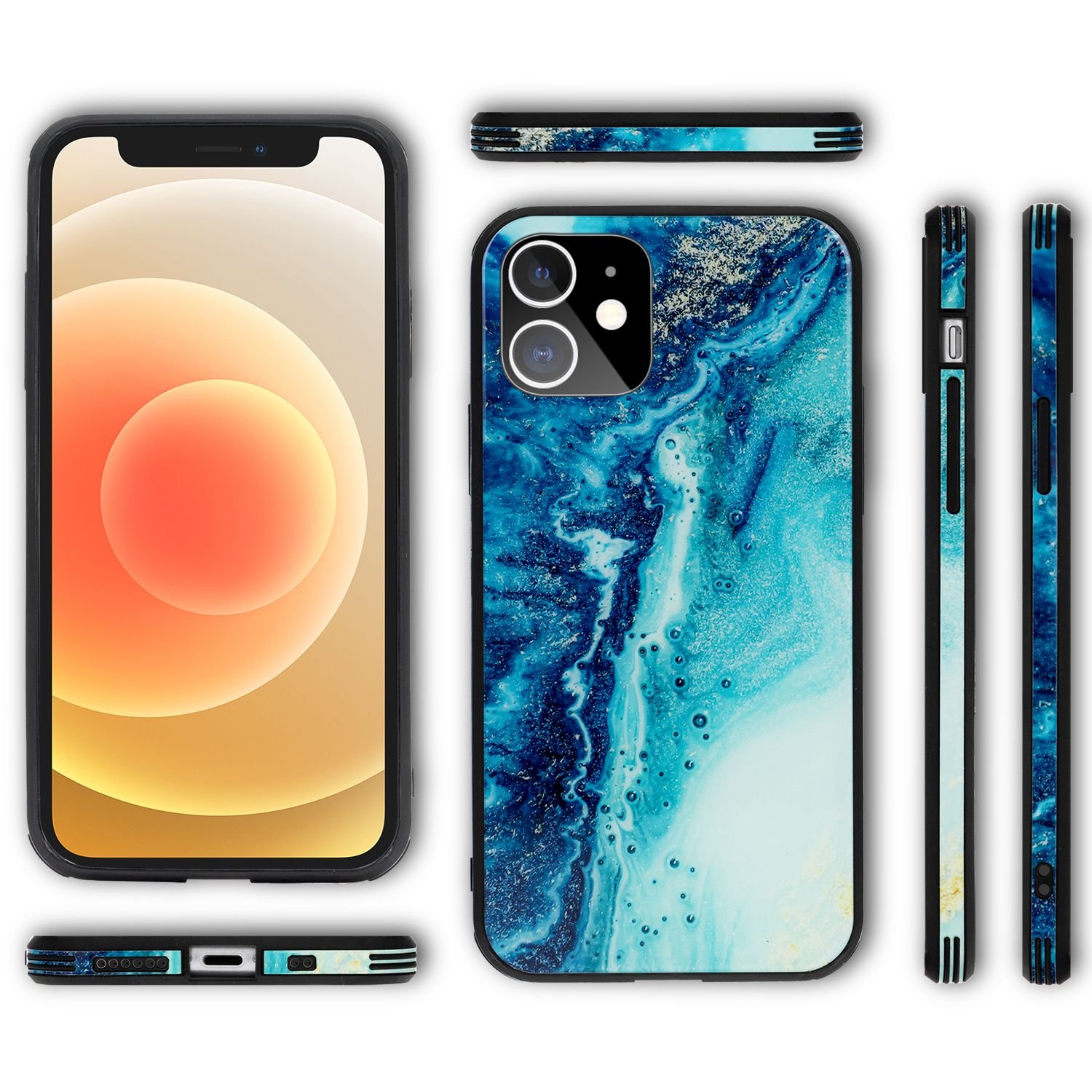 Mehrere Ansichten einer Handyhülle. Die Hülle hat ein blaues Marmor-Design. Farben: blau, weiß, gold, schwarz.