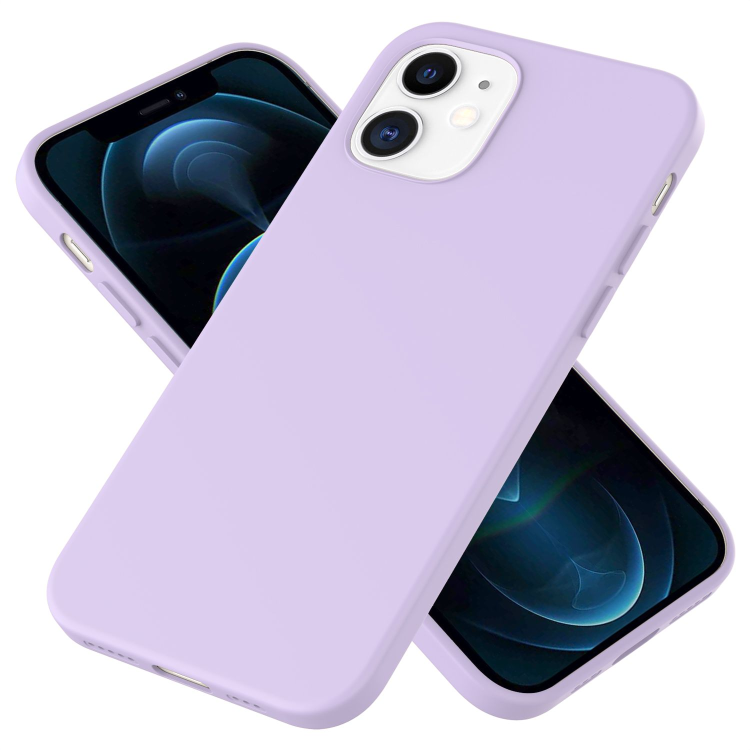 Zwei lilafarbene Handyhüllen. Eine liegt auf einem Telefon, die andere im Hintergrund. Das Telefon hat blauen Hintergrund.