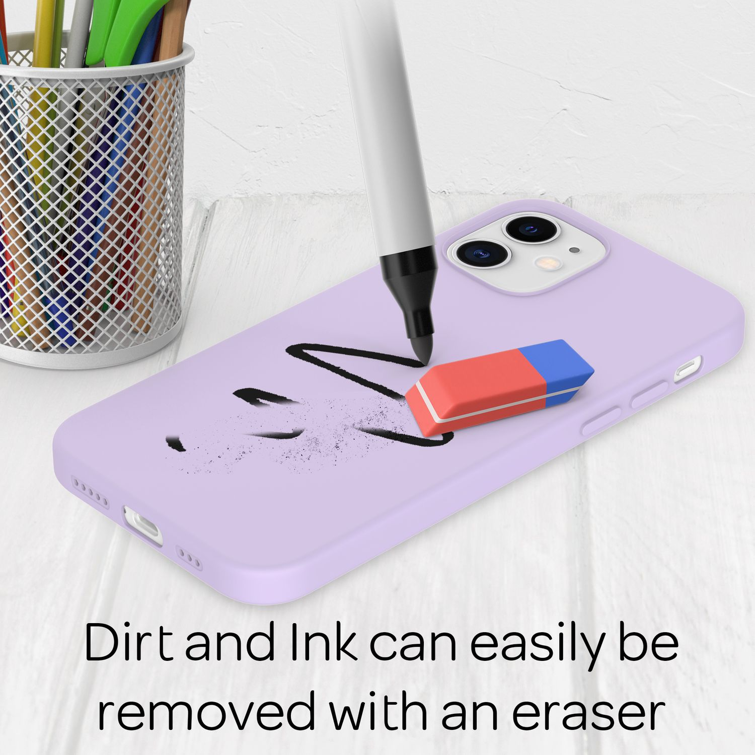 Ein Handy-Case mit Handy, das mit einem Marker beschriftet und mit einem Radiergummi gelöscht wird.