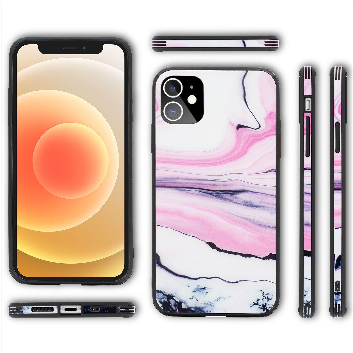 Rosa-weiß marmoriertes Handy-Case mit dem Telefon. Mehrere Ansichten des Handy-Cases.